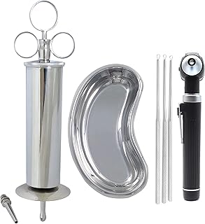 VISION TEK MED 6 Piece Ear Wax Cleaning Kit, Ear Wax Removal Syringe, Ear Wax Remover Loops Curette, Kidney Bowl & Otoscope Set (Black)