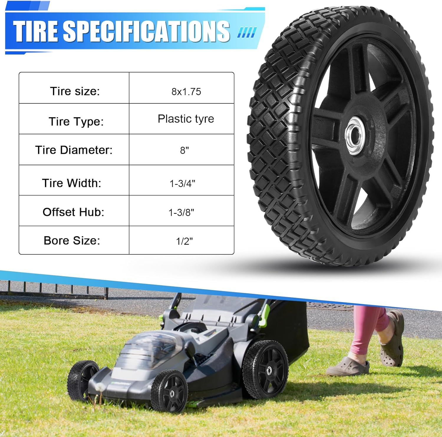8 Inch Lawn Mower Wheels (2-Pack) - Universal Fit for Most Push Mowers - Heavy Duty 80LB Capacity Wheels with 1/2 Bore