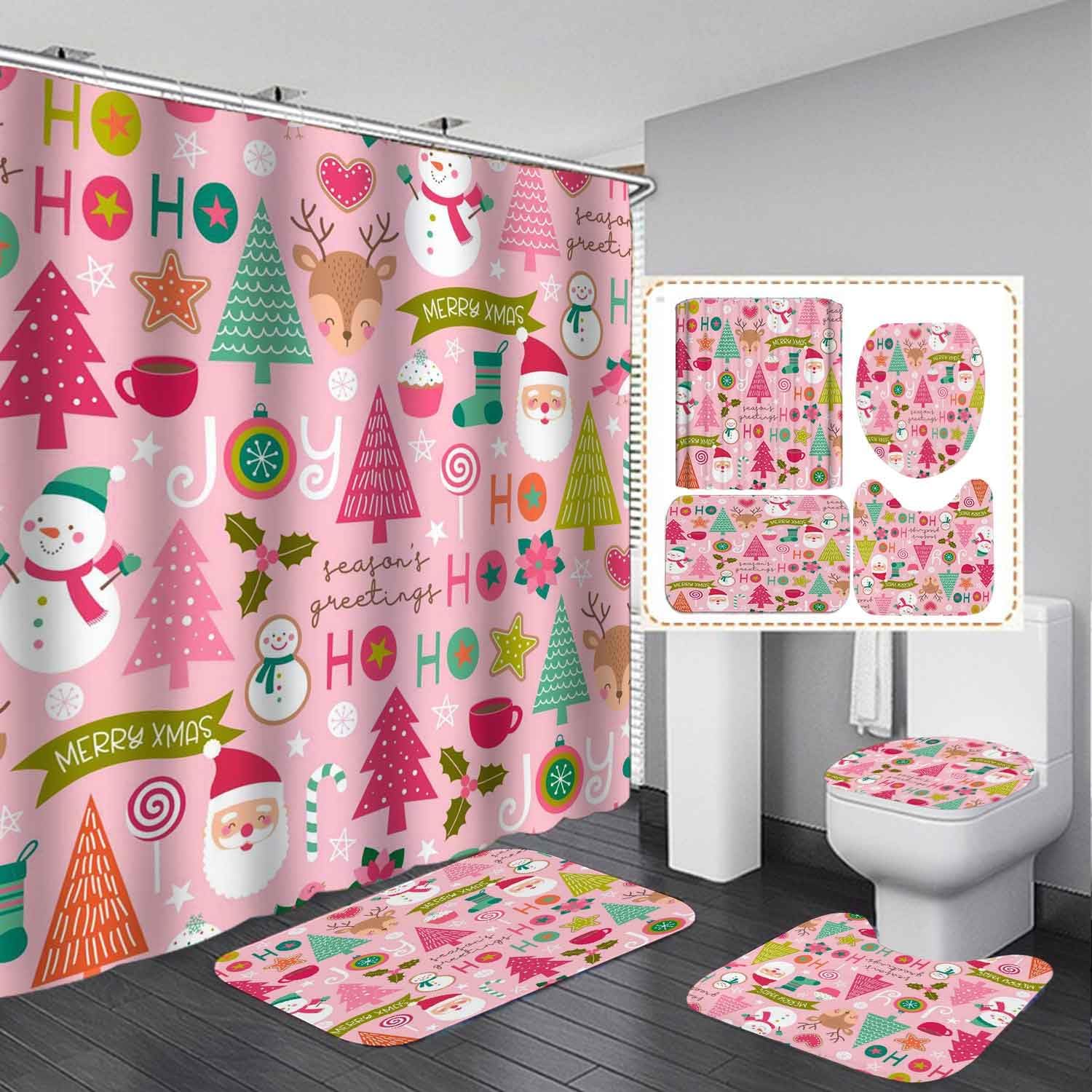 4PCS Christmas Shower Curtain Sets with Rugs, Waterproof Fabric Pink Shower Curtain, Cartoon Snowman Santa Claus Xmas Tree Reindeer Candy New Year Winter Holiday Teen Girls Kids Bathroom Decor