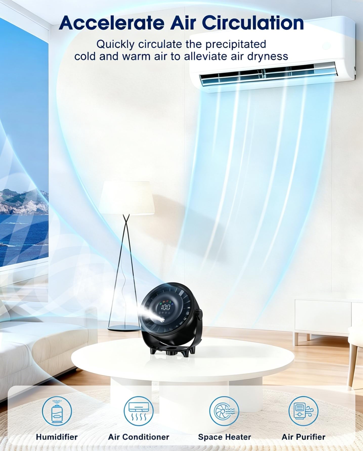 Ventilador de escritorio pequeño, ventilador de mesa silencioso portátil de 4000 mAh con pantalla LED