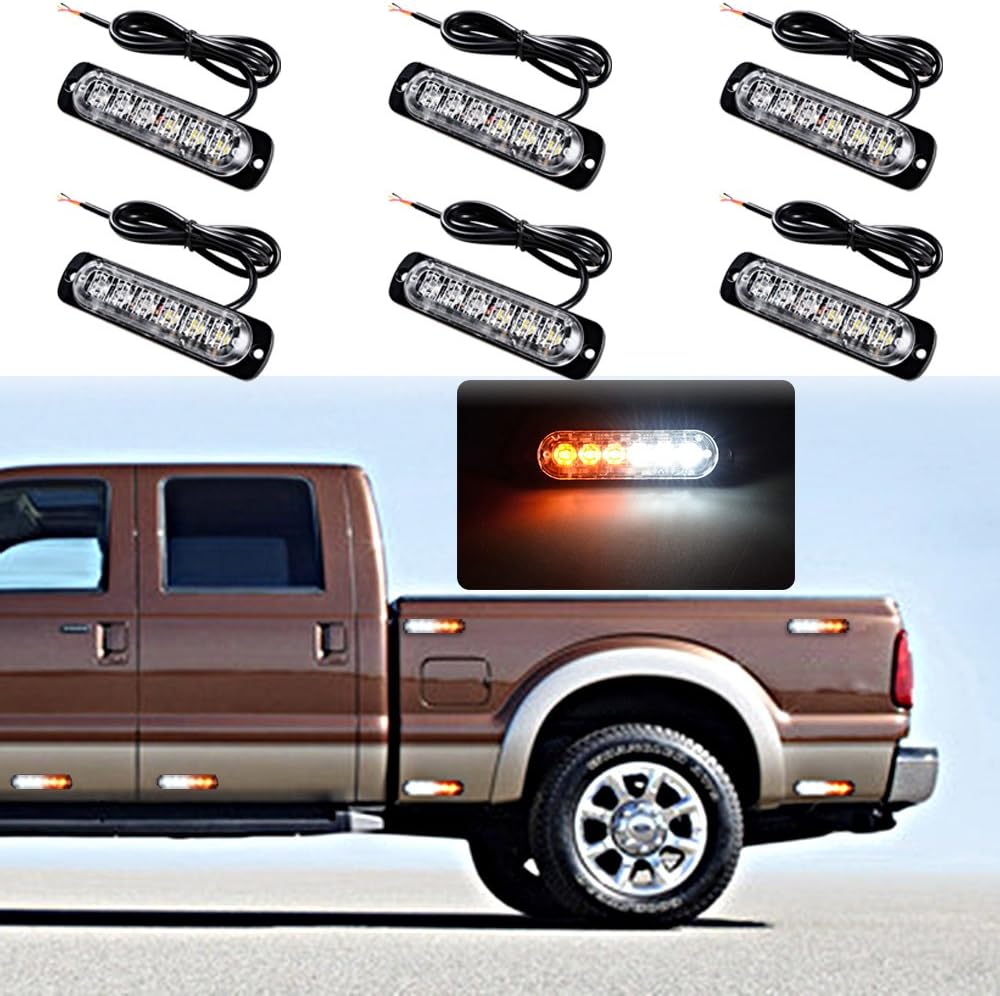 Astra Depot 20pcs Universal Ultra Slim 6-LED Utility White Amber Emergency Warning Caution Flashing Strobe Light Bar Surface Mount Car Truck Trailer 12V-24V