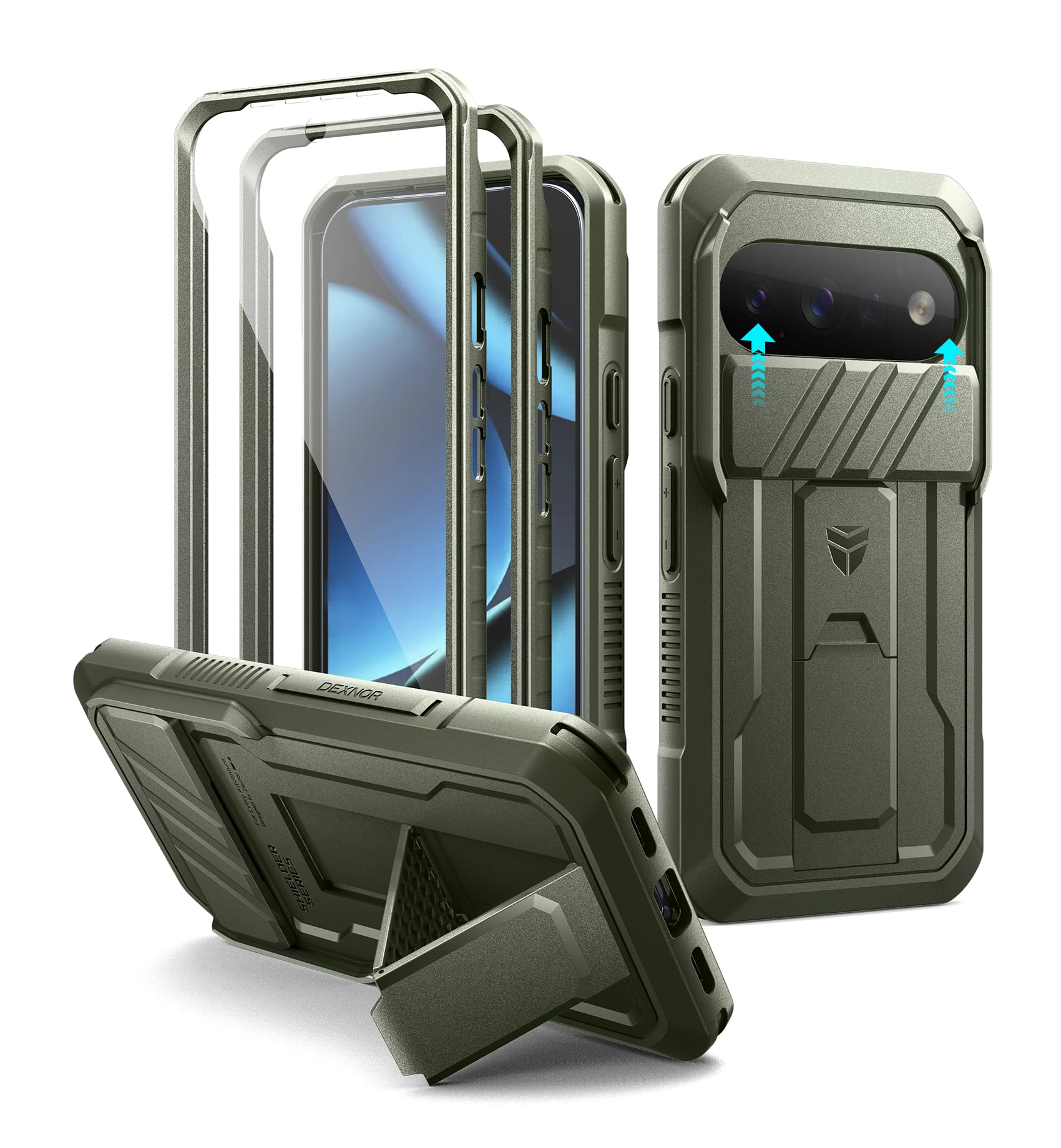 Dexnor per Cover Google Pixel 11&11 Pro con Cover Scorrevole Fotocamera & 2 Cornici Anteriori & Proteggi Schermo Integrato & Supporto, Cover Protettiva Integrale Anticaduta Heavy-Duty Robusta - Verde