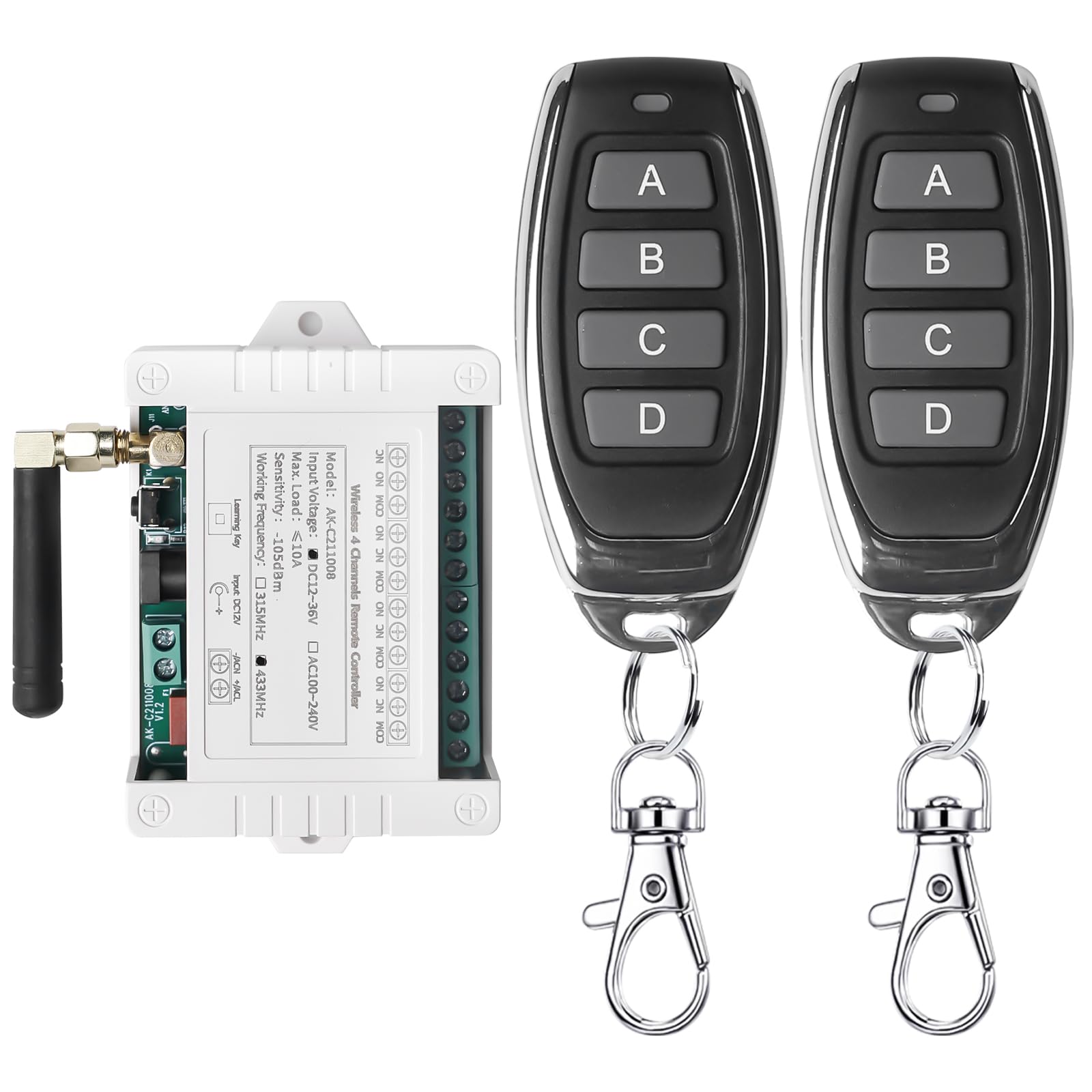 DC 12 V 24 V 36 V 4 canaux Télécommande universelle sans fil Récepteur radio Télécommande sans potentiel Moteur Moteur Porte de garage avec 2 télécommandes en métal pour télécommande émetteur porte de
