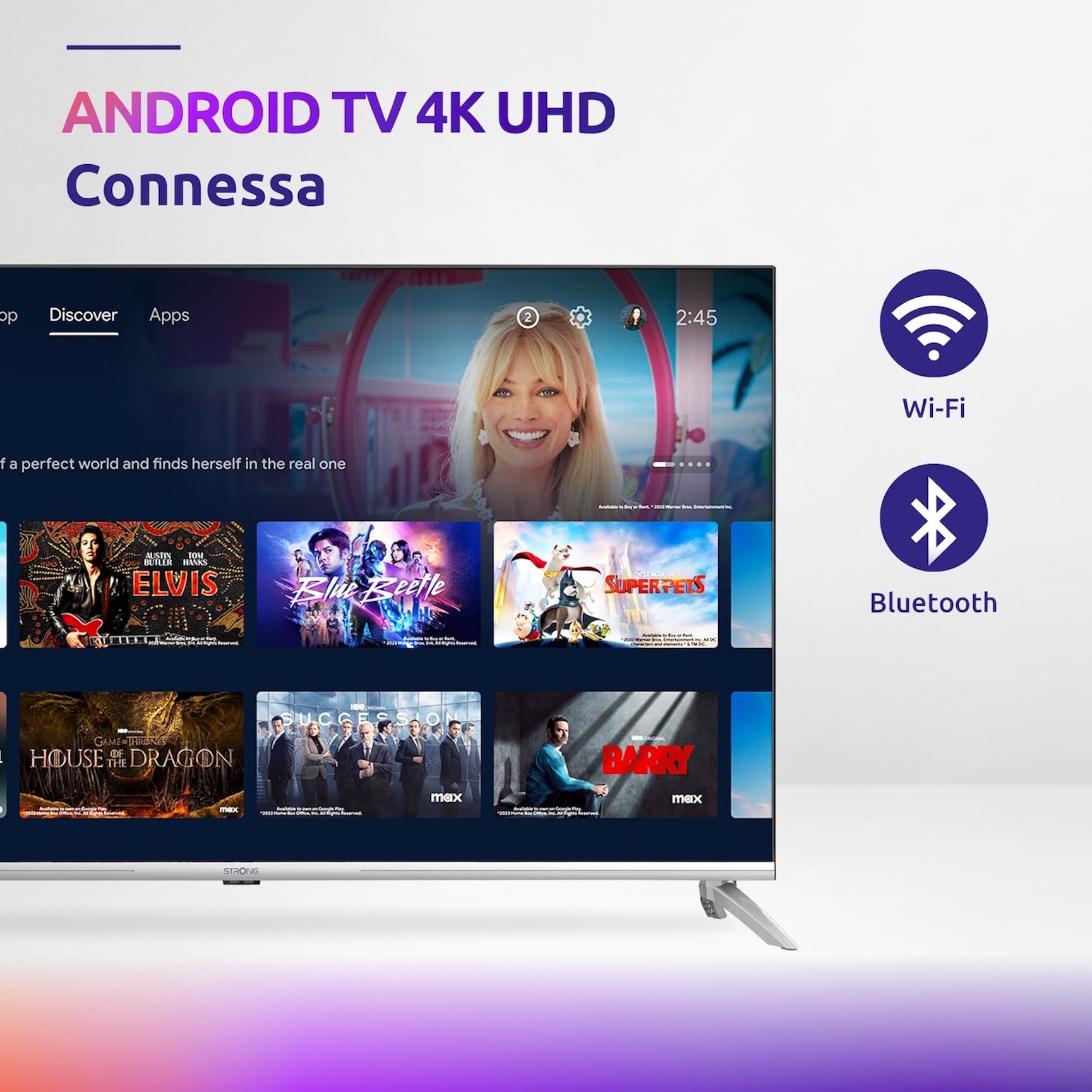 Strong - Smart TV 4K UHD SRT43UD6593 - TV 43 pollici (108 cm) - TV connessa con Android TV - App di streaming - Condivisione file/schermo - WiFI e Bluetooth - Google Assistant - SRT43UD6593 -Nero