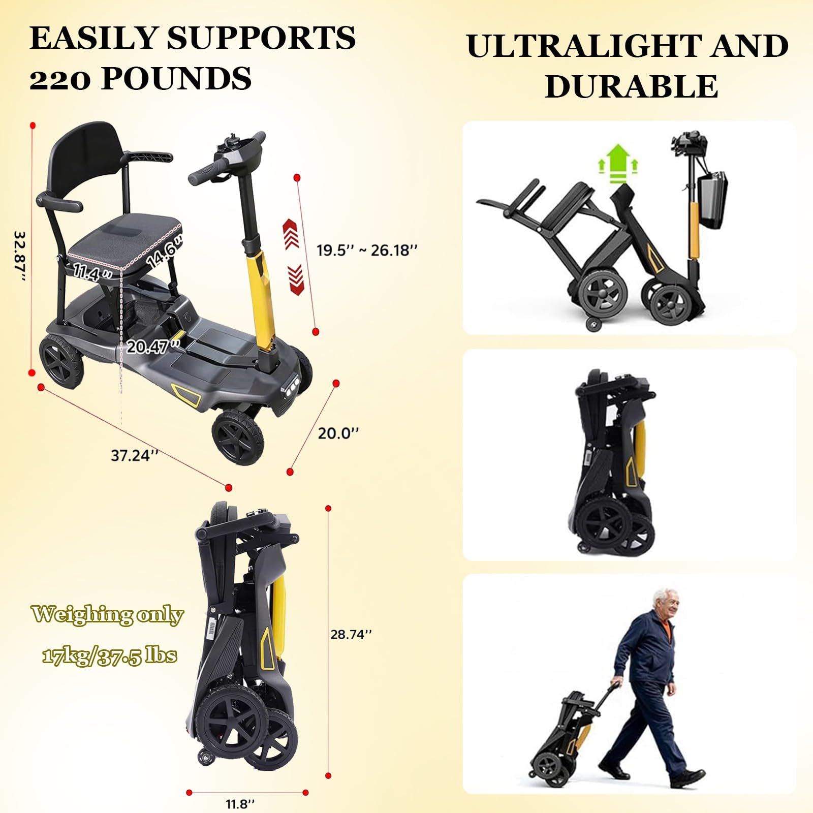 Patinete De Movilidad Plegable Portátil,Patinete De Movilidad Ligero De 4 Ruedas para Adultos,Cestas De Almacenamiento Delanteras Y Traseras,Peso Neto 17 Kg/37,4 LB A