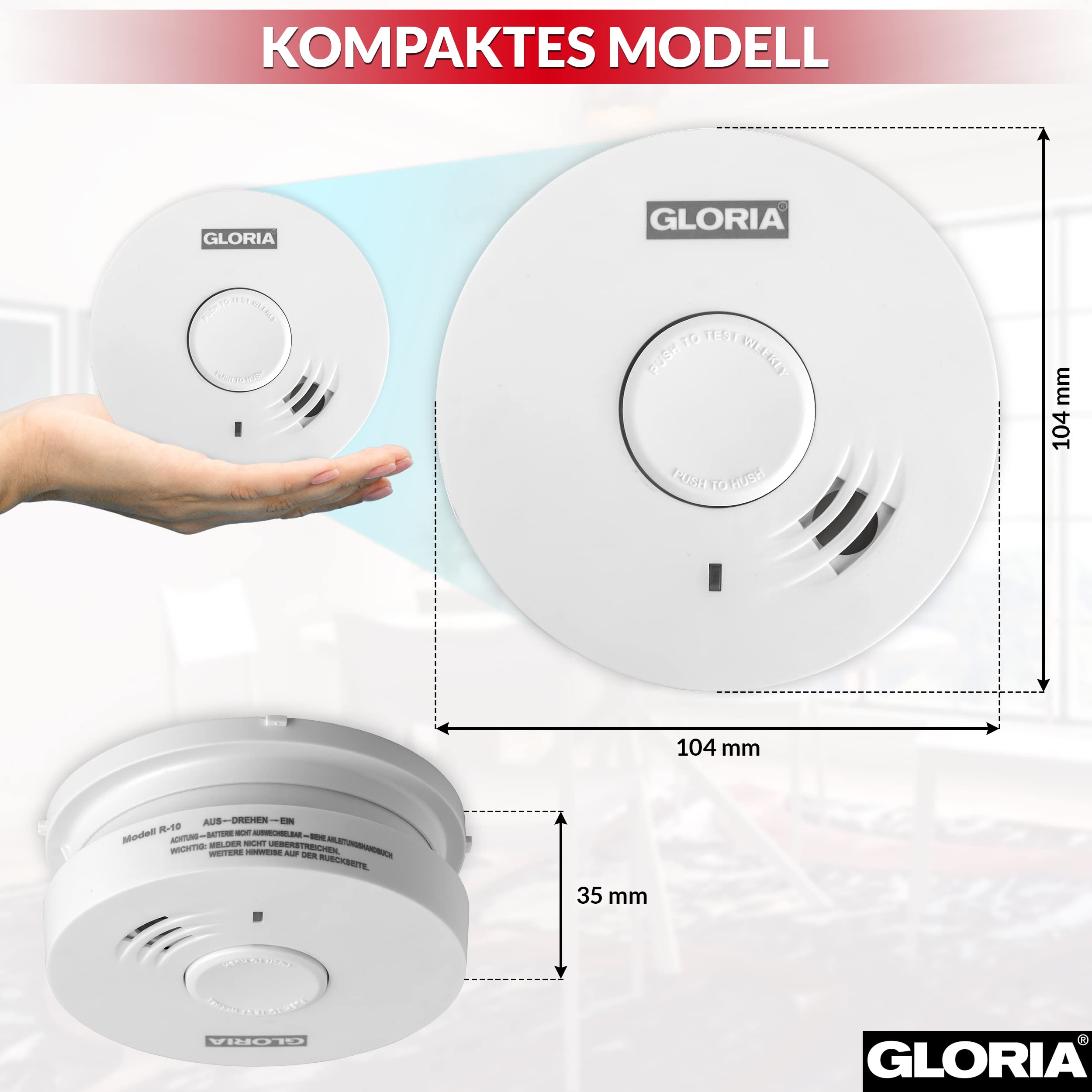 Gloria Rauchwarnmelder 8X R-10 mit 10 Jahren Garantie und fest eingebauter Lithium Batterie