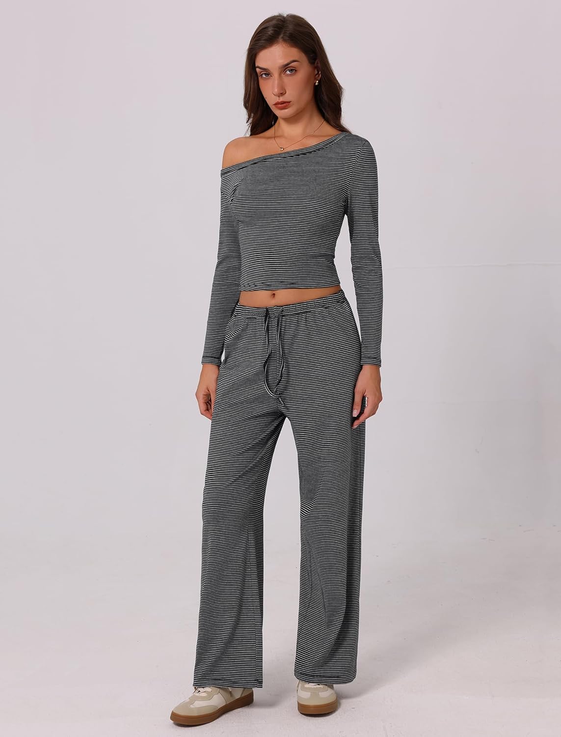 ABOCIW Women's 2 Piece Sets Fall Outfits Striped Off Shoulder Long Sleeve Top Wide Leg Pants Tracksuits Lounge Sets - Image 4
