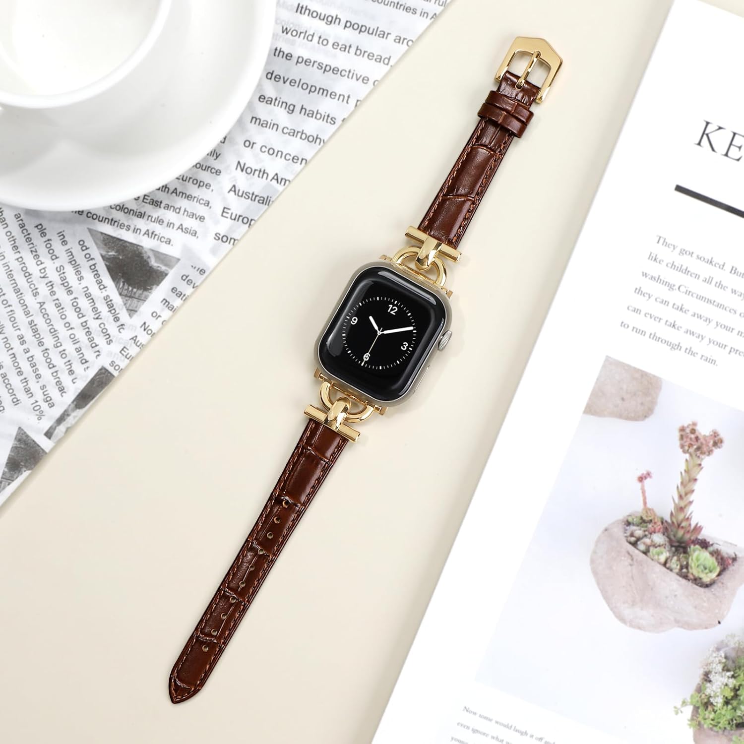 Leather Band Compatible with Apple Watch Bands for Women, Dressy Fancy Strap for iWatch Series 11/10/9/8/7/6/5/4/3/2/1/se(38mm 40mm 41mm 42mm,Dark Brown/Gold) - Image 2