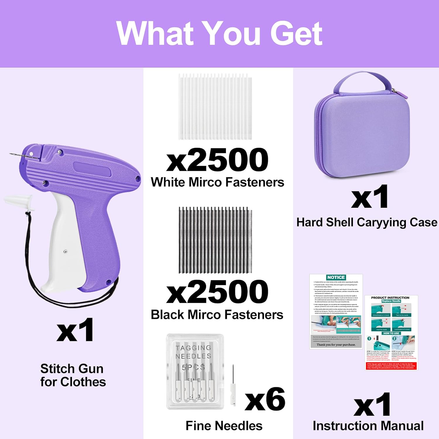 Stitch Gun for Clothes, Fixed Clothing Mini Sewing Kit with Case, Quick Stitch Sewing Gun with 6 Micro Needle, 2500 Black & 2500 White Micro Fasteners, Stitch Tag Gun (Purple) - Image 4