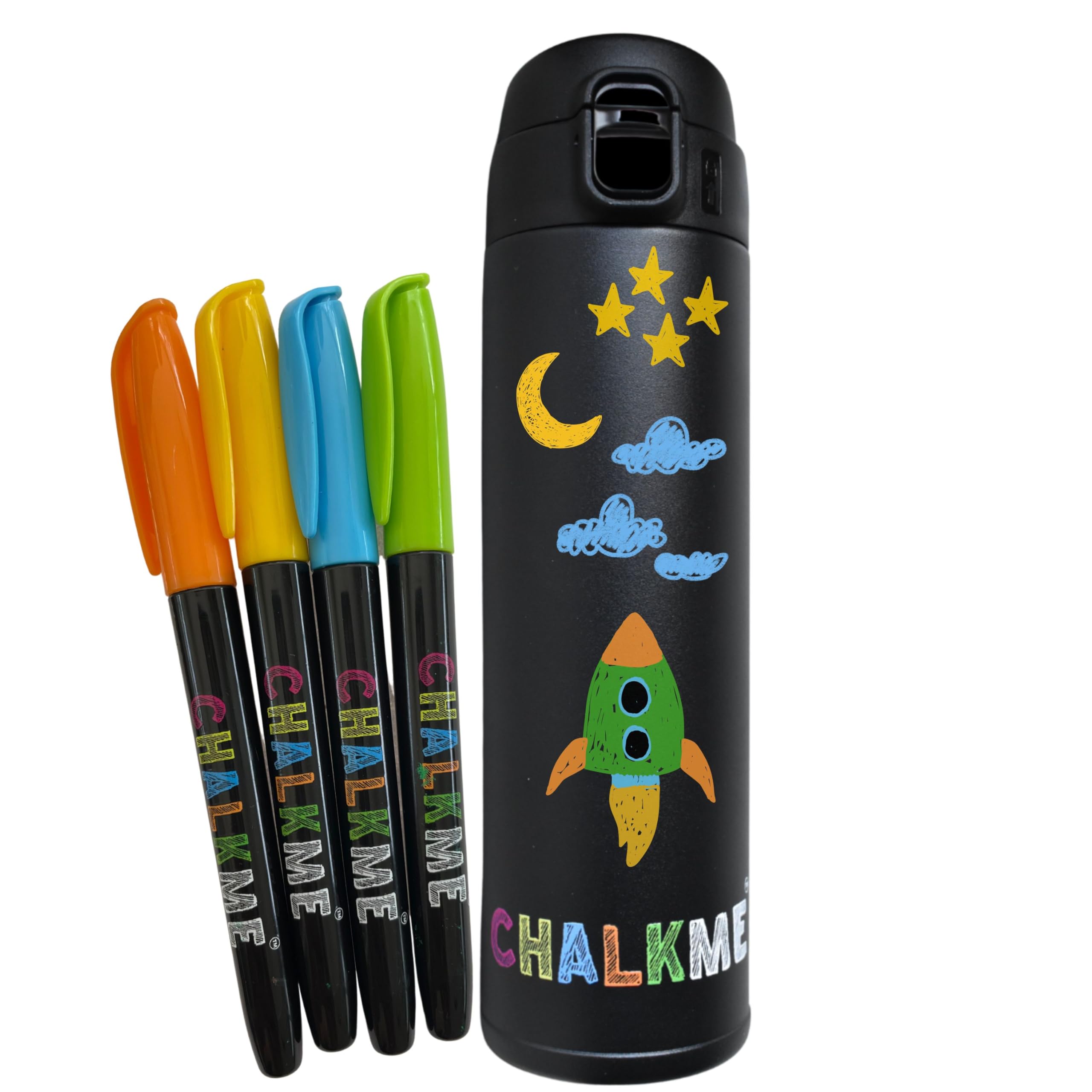 CHALKME Kids Water Bottle, Insulated Stainless Steel, BPA-Free, with Chalk Markers, for School & Travel, 16 oz