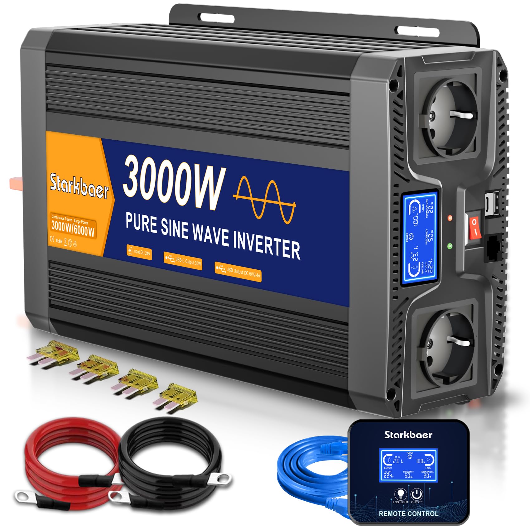 3000W/6000W Inverter 24V 220V Onda Pura, Trasformatore 220V 24V, Convertitore per Auto, Con schermo LCD, telecomando, presa CA e USB-C. Per camper, auto, solare, campeggio e blackout [Classe A+]