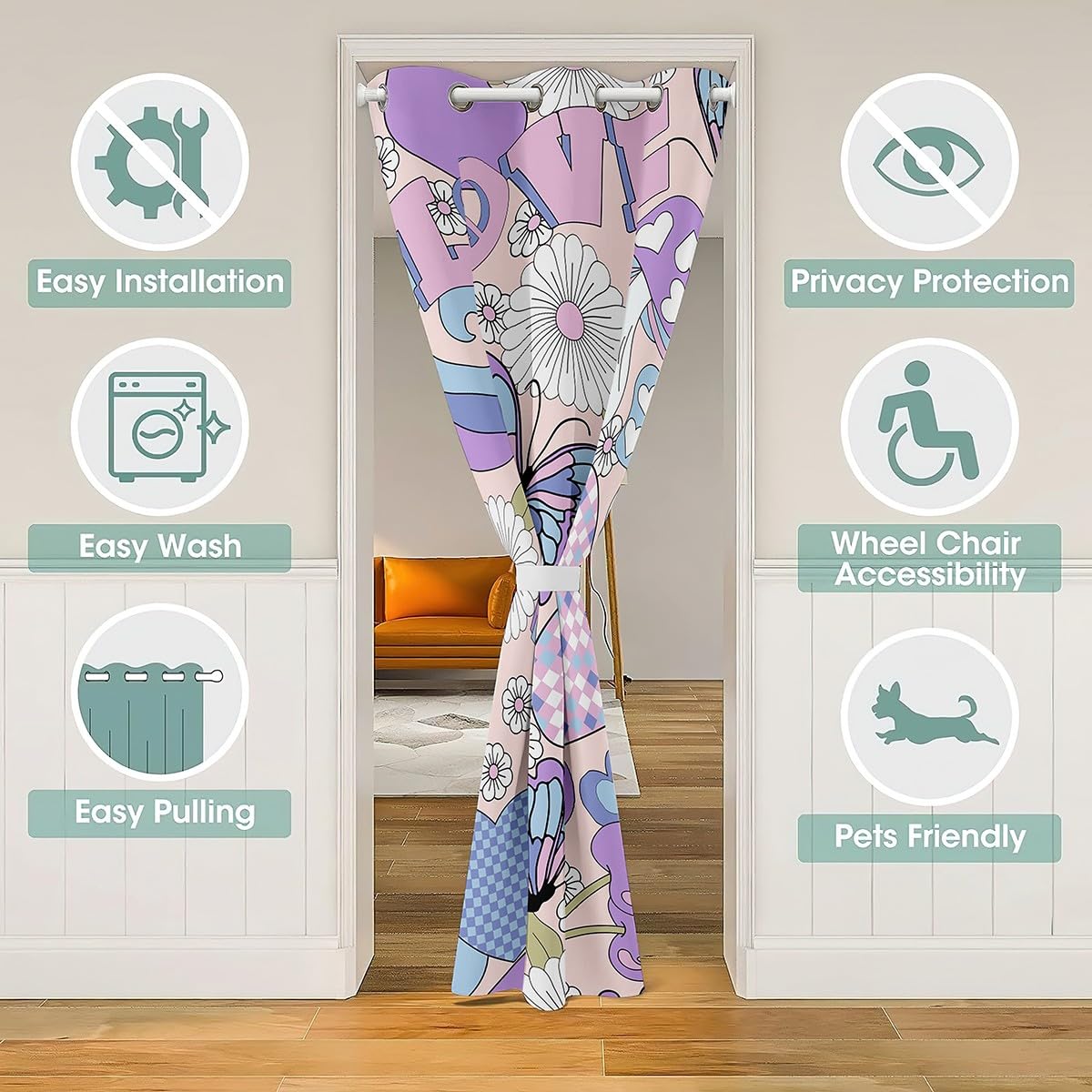 Homemissing Retro Flower Door Curtain for Privacy 106x203cm Butterfly Closet Door Cover Curtain for Bedroom 60S 70S Groovy Floral Heart Pattern Peace Mushroom Divider Curtain Purple Window Treatment - Image 3
