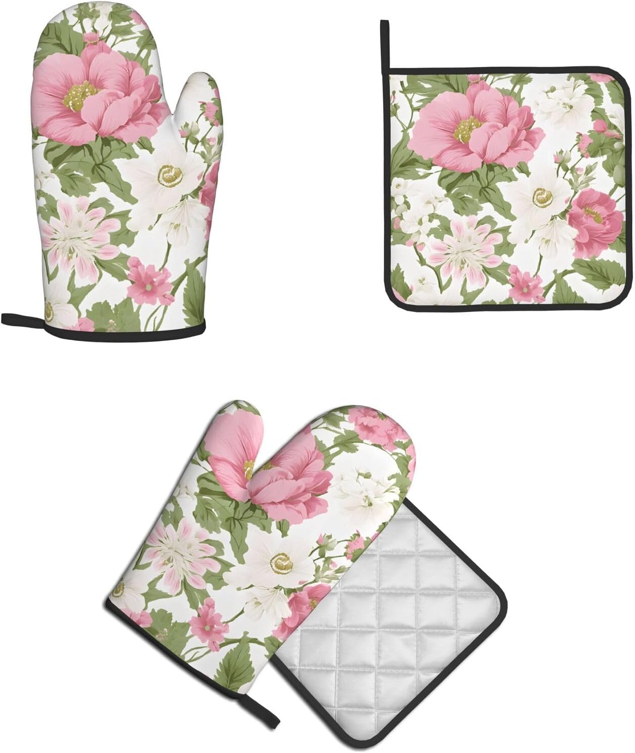 Plant Floral Flowers:Full Width Printing Kitchen Baking Two-Piece Set, A Must-Have Tool Set for Novice Home Cake Makers, Suitable for Both Left and Right Hands, Anti Slip and High Temperature