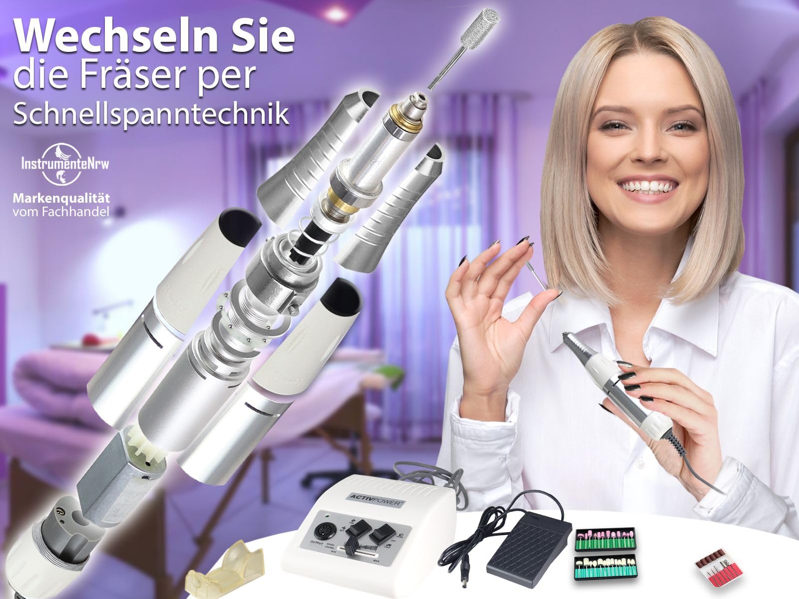 Power Fußpflegegerät Elektrisches Maniküre Schleifgeräte Set Nagelfräser | Komplettes Nagelpflege Set mit viel Zubehör Polierer, Diamantschleifer und Steinschleifer