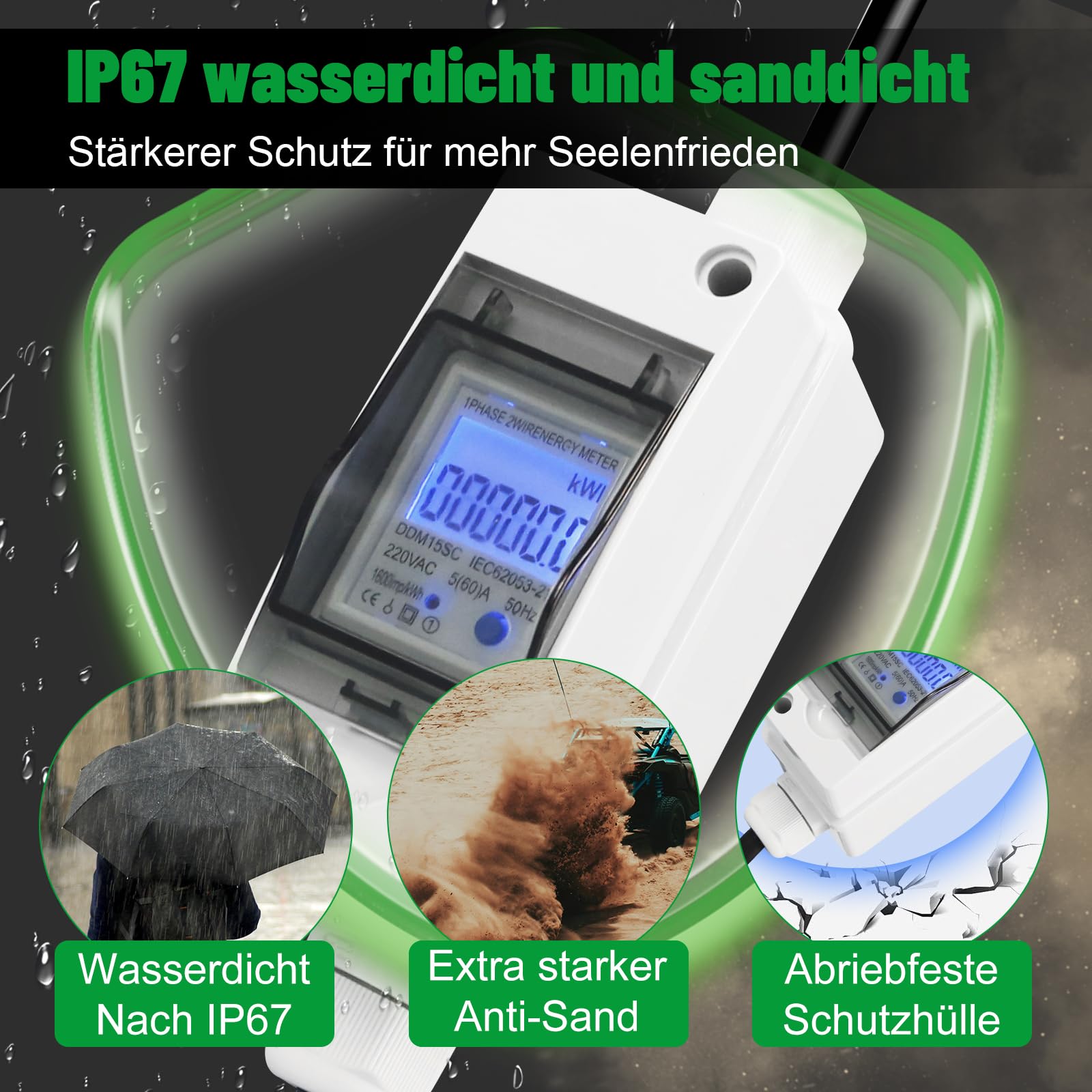 Mobiel digitaal meetapparaat 230V, 60A Mobiel meetapparaat CEE Outdoor meetapparaat met IP67 waterdichtheid, LED-vermogensmeter met resetfunctie, gummislangkabel