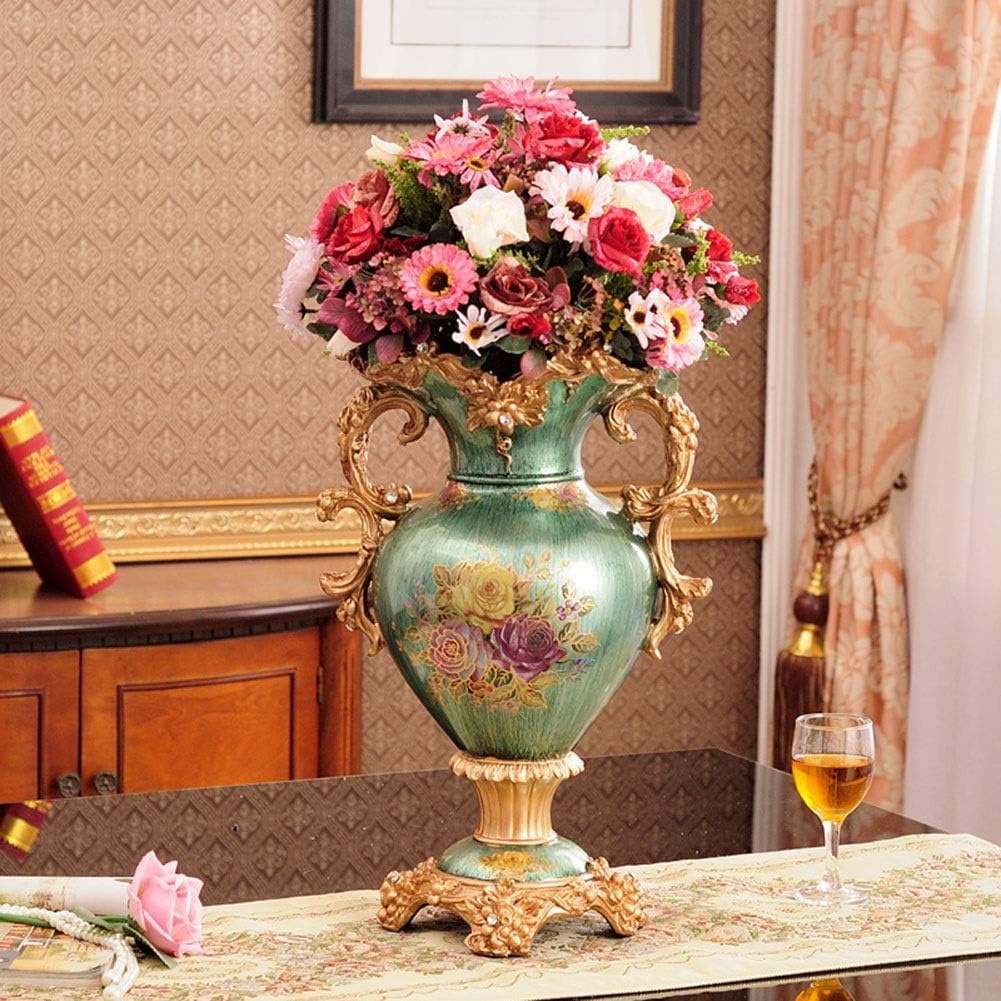 European-Style Retro Resin Large Flower Vases for Living Dining Room Table Centerpiece Bedroom Office Hotel Home Decoration Hand-Painted Tall Decorative Vase, Green(31cm× 46cm)