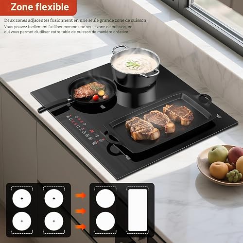 KICHPOWER Induction Hob 4 Zone with 1 Flexible Zone, Built-in Induction Hob 60 cm with Boost Function, Touch Control, 6000W, 9 Power Levels, 1-99 Min timer, Child Lock - 3