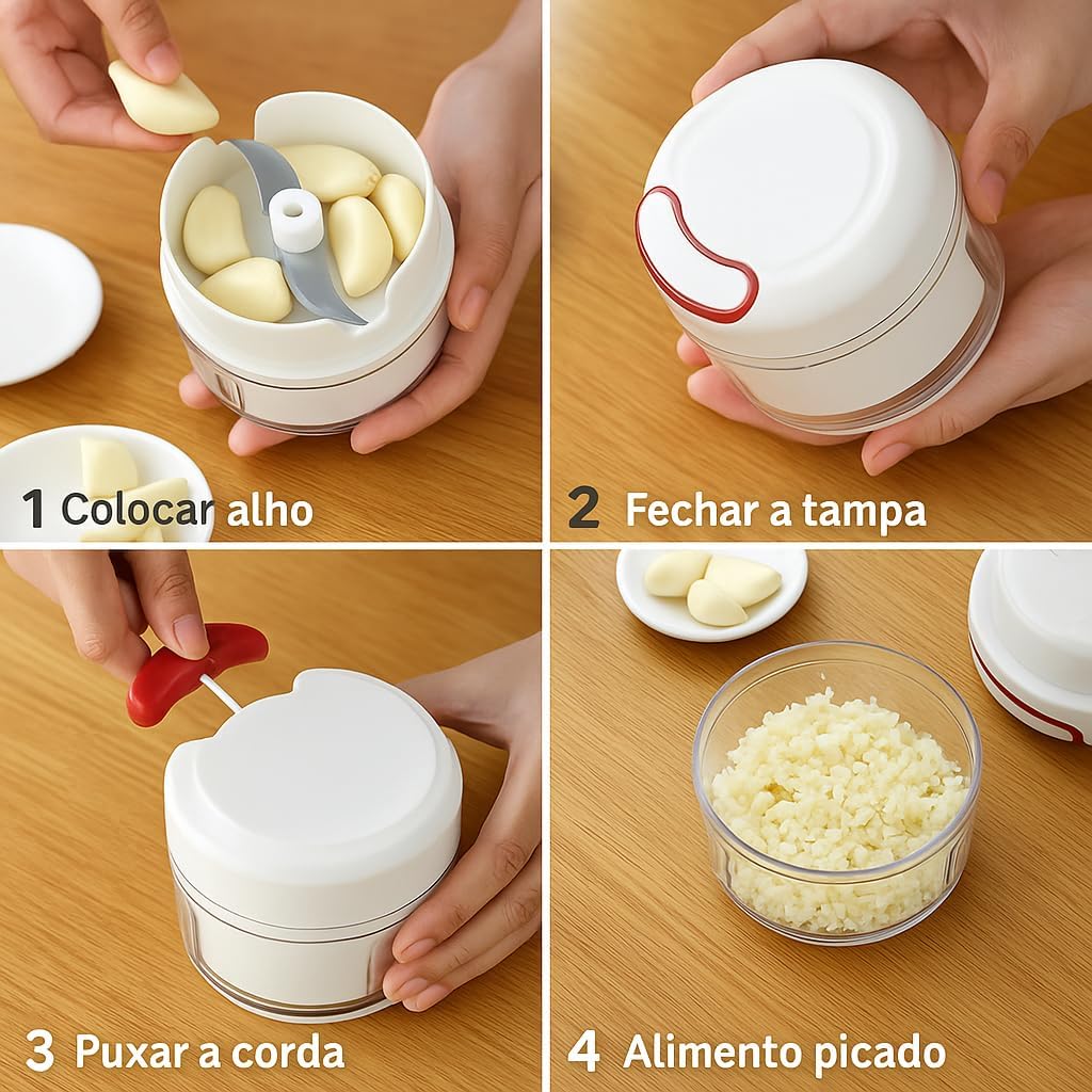 Mini Processador Manual de Alimentos, 2 Lâminas em Aço Inox, Sistema de Corda Retrátil, 170ml