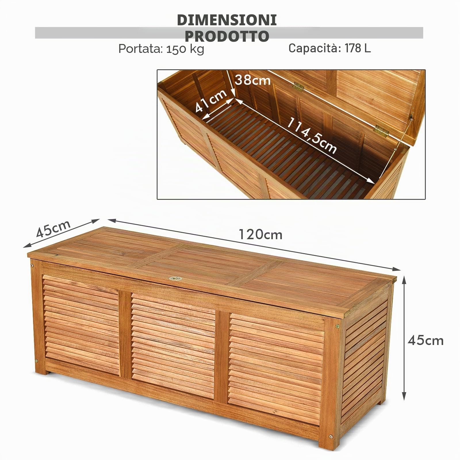 GIANTEX Armadio da Esterno in Legno, Cassapanca Contenitore Interno, Panca Baule Carico di 150 kg, Ideale per Giardino, Patio, Piscina, 120x45x45 cm, Naturale