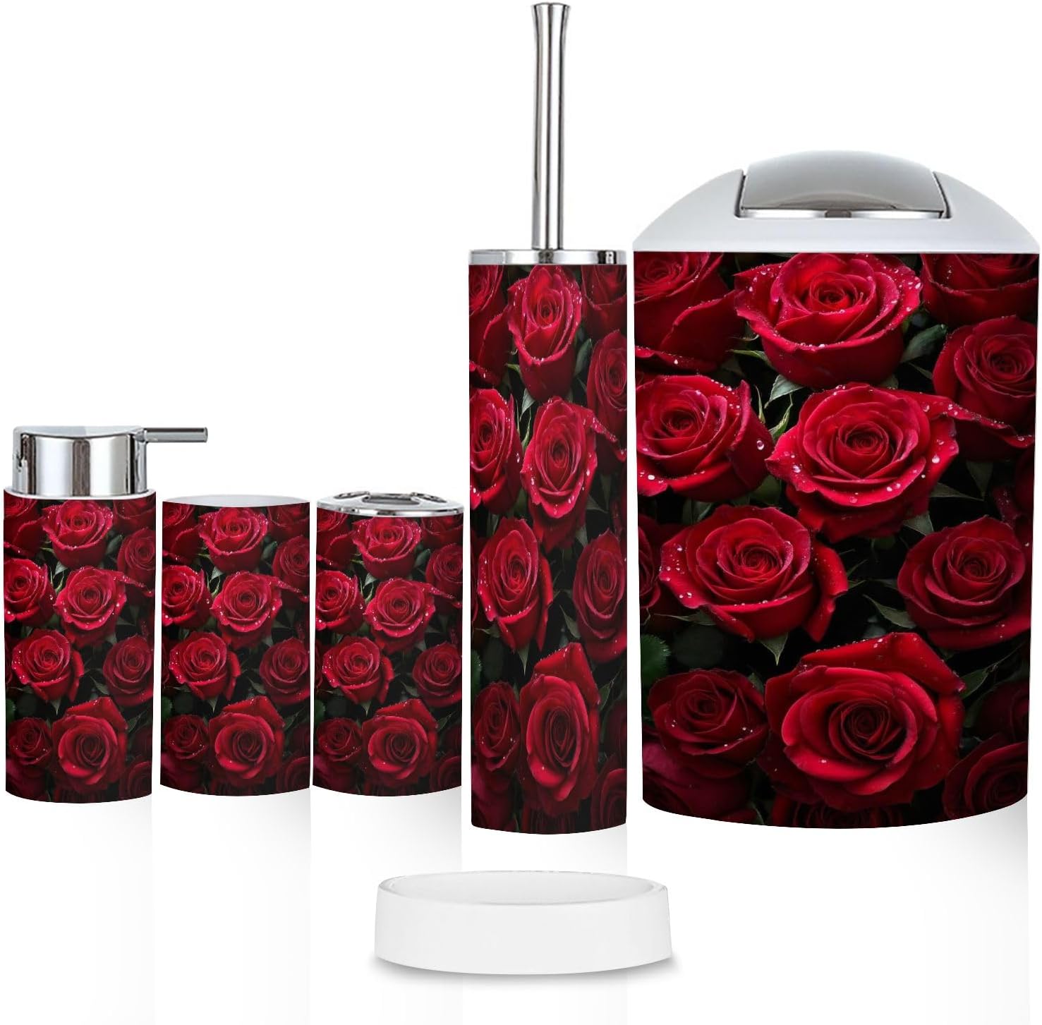 Bathroom Accessory Set 6 Piece Red Rose Flowers Toothbrush Cup Toothbrush Holder Soap Dispenser Soap Dish Trash Can with Lid Toilet Brush Holder Counter Decor
