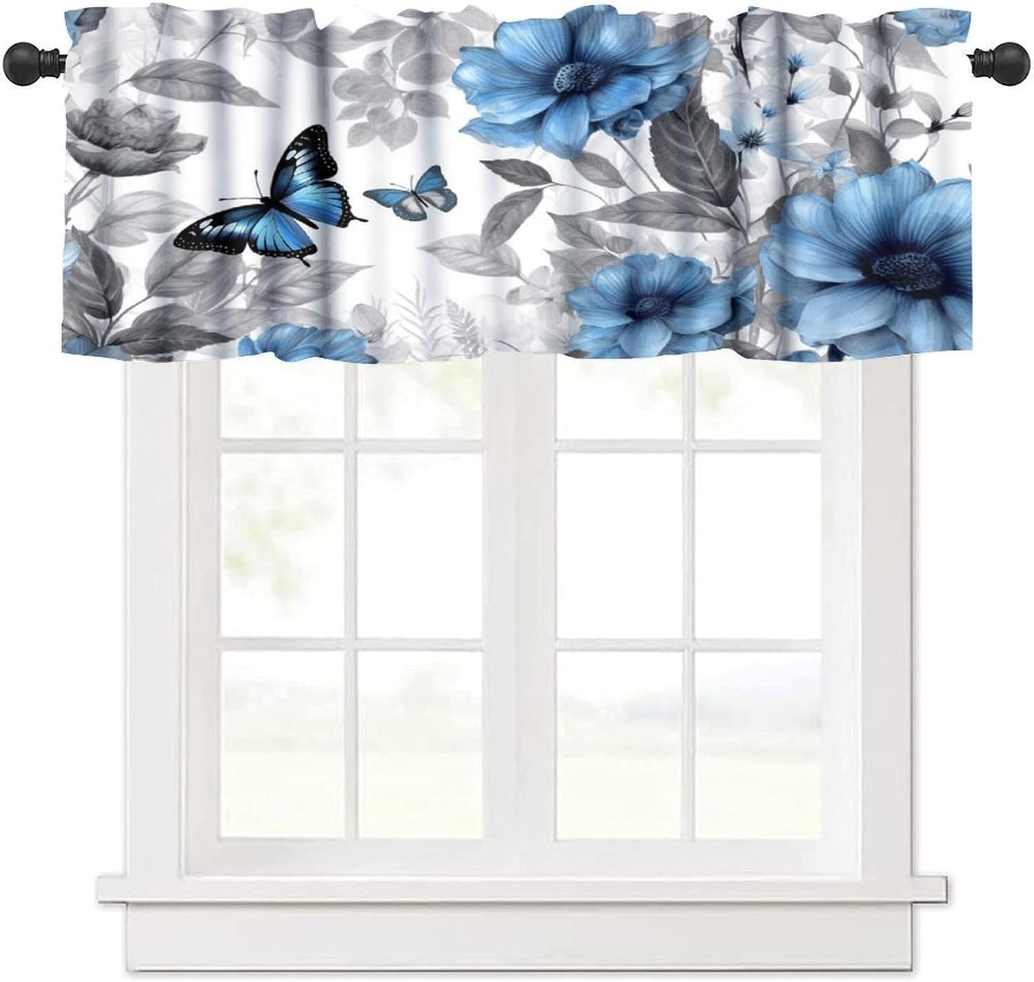 Butterfly Floral Valances Curtain,Blue Gray Romantic Flowers Home Decor Short Drape for Bedroom Living Room Kitchen Window Treatment 1 Panel 54" W x 18" L Inch
