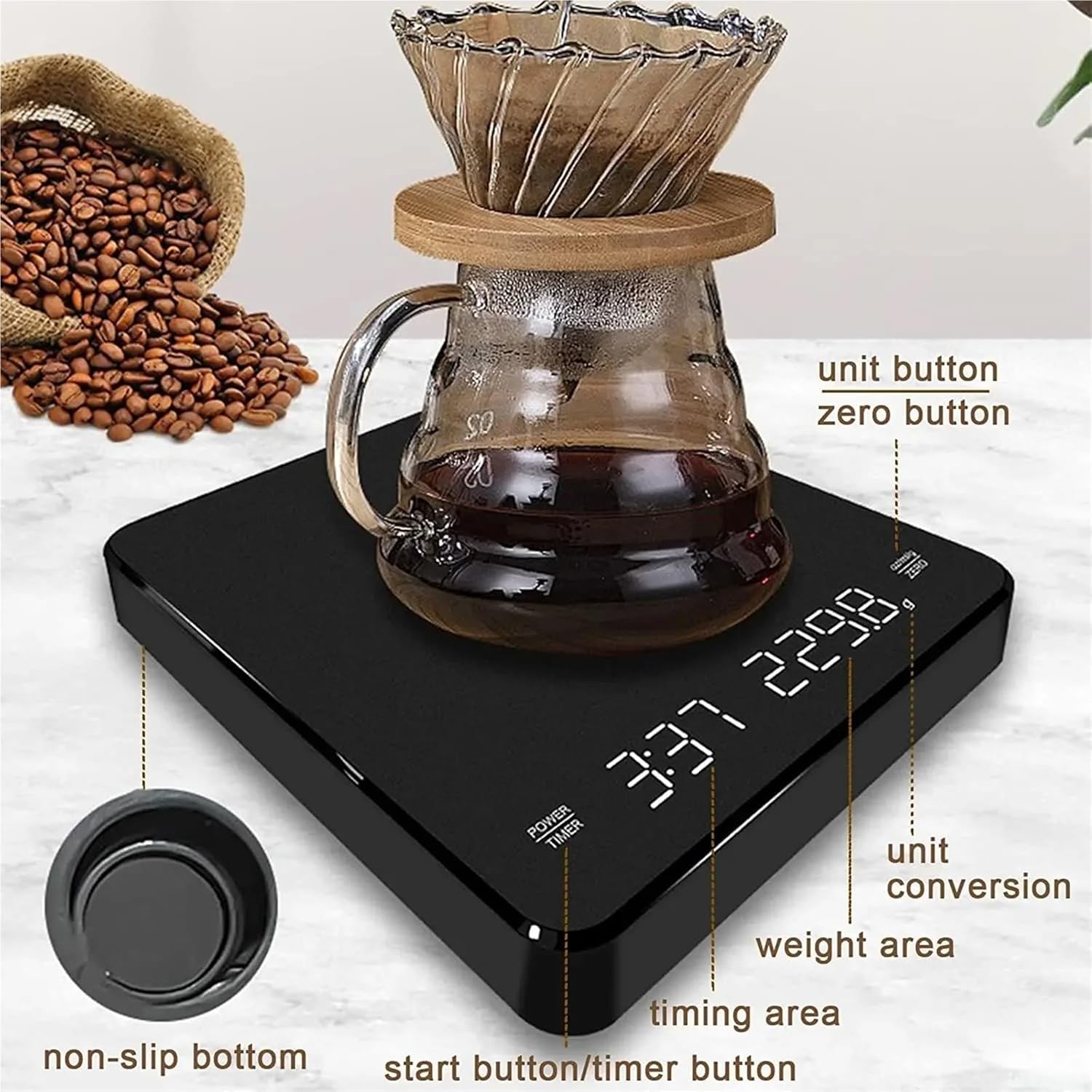 Mini Coffee Scale with Timer for Espresso and Pour Over Coffee Waterproof Surface Rechargeable with Auto-Timer LED Display