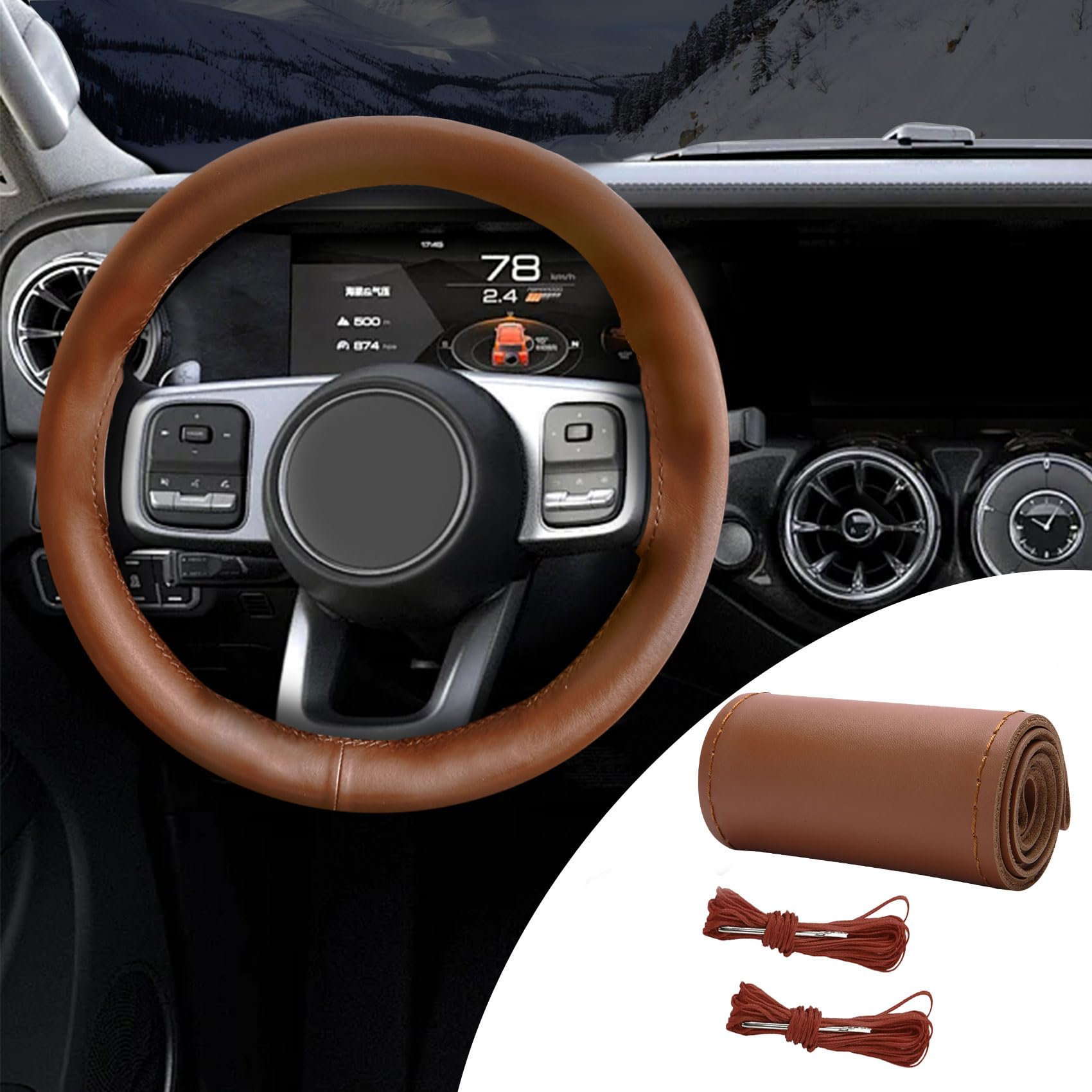 Brown Breathable Genune Leather DY Stched Sewng Car Steerng wheel