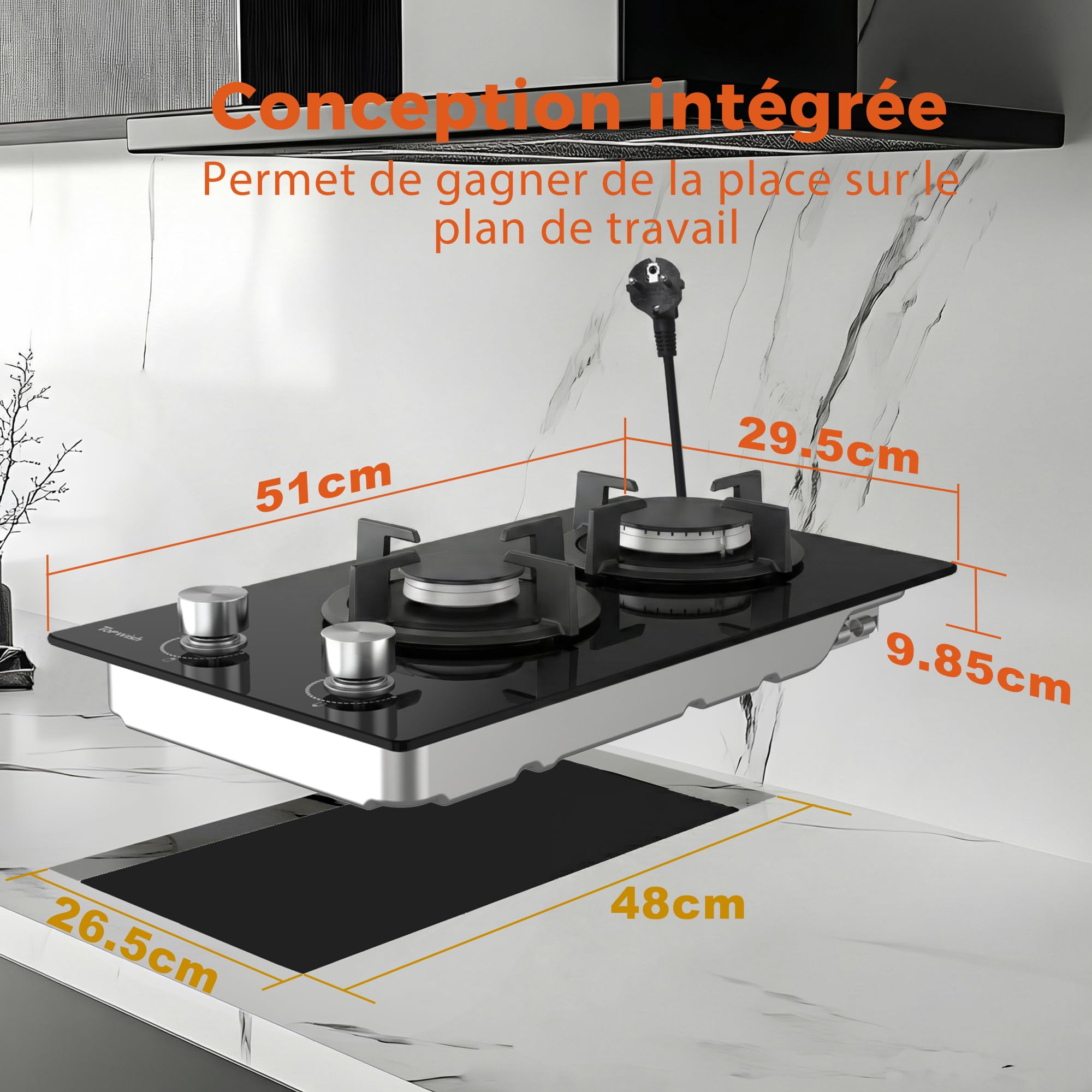 TOPWISH plaque de cuisson gaz 2 feux, plaque gaz 2 feux encastrable, table de cuisson 30cm, NG/LPG décapotable, protection d'extinction, allumage automatique, 4750 Watt