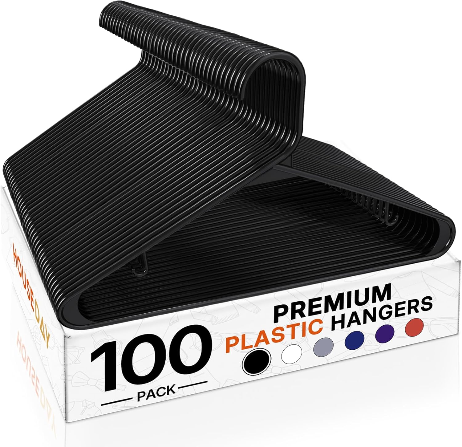 HOUSE DAY Black Plastic Hangers 100 Pack, Plastic Clothes Hangers with Built-in Hooks, Durable and Strong Coat Hangers for Closet, Space Saving Clothing Hanger for Shirts, Coats, Skirt, Dress