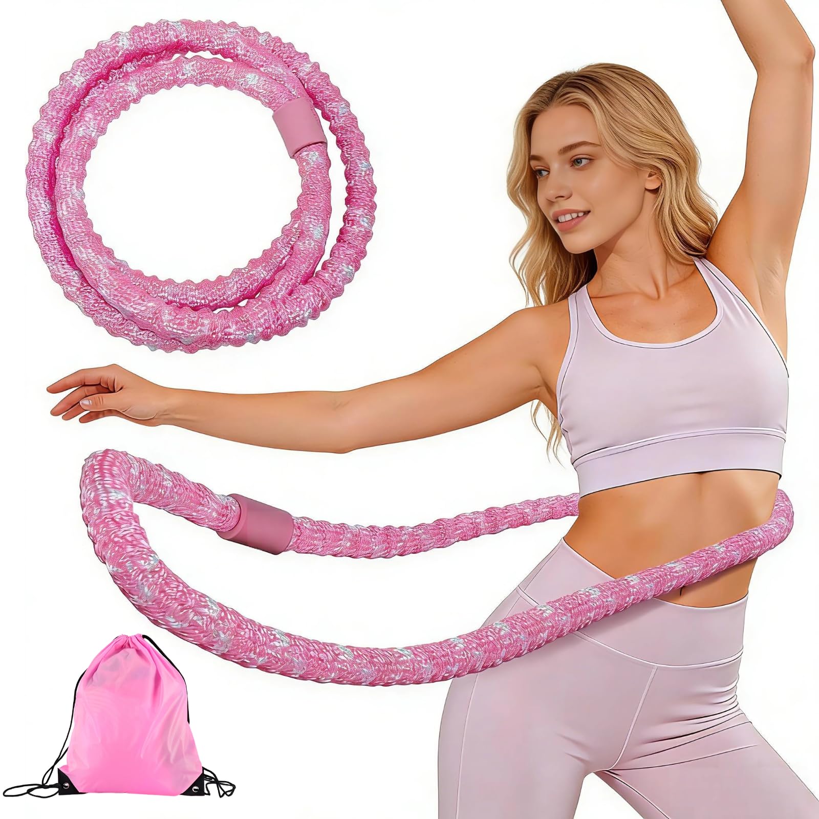3.3lb Upgraded Weighted Hoop for Adults,Foldable Portable Silent Soft Spring Fitness Hoop for Women Exercise Weight Loss with Storage Bag, Exercise Hoop for Home Travel Workout