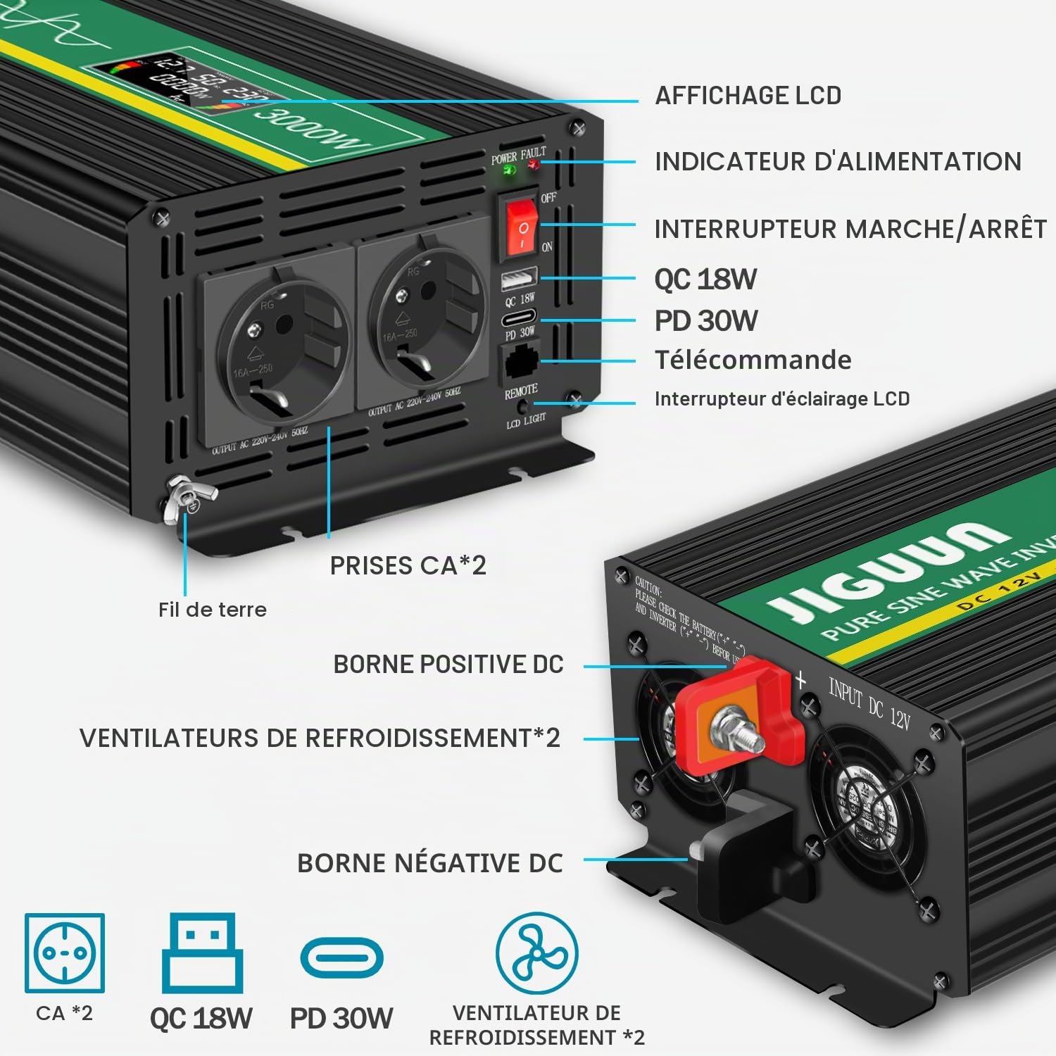 JIGUUN 3000W Convertisseur 12V 220V Pur Sinus Onduleur transformateur Puissance crête 6000W avec Télécommande Écran LCD 2 Prises EU 1 Port USB pour Voiture Camping Voyage Urgence (3000W 12V)