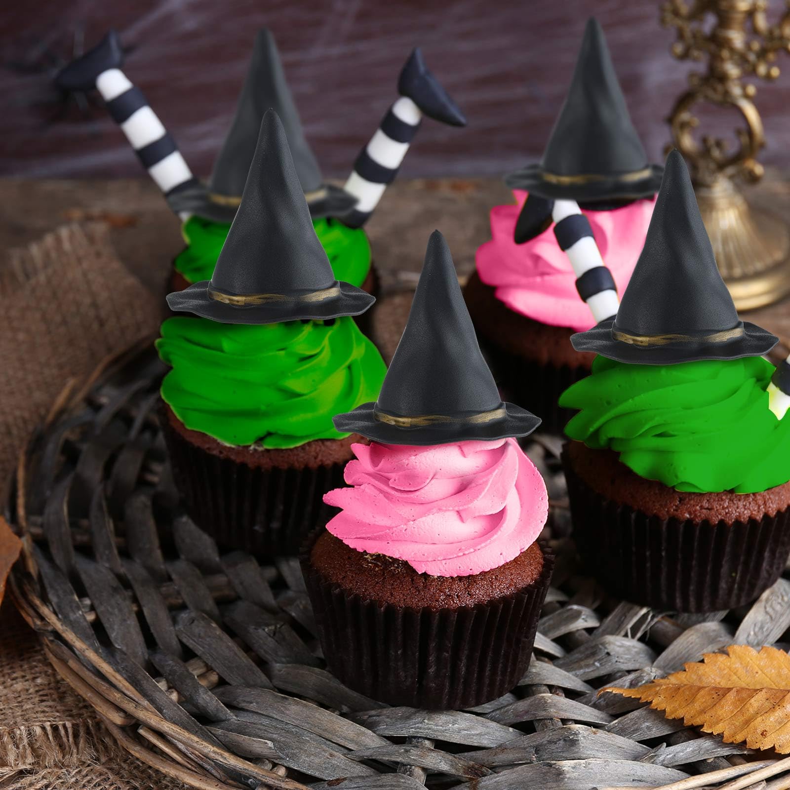 42pc Witch Theme Cake Toppers Set - Pink & Green Balloons, Silver Crown, Black Hat For Halloween & Parties - View #3
