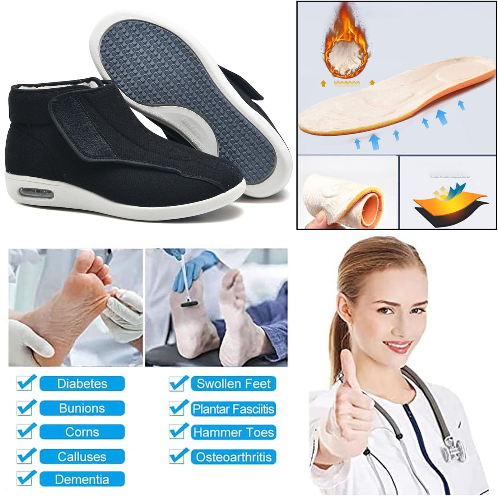Anziani Scarpe Diabetiche per Uomo Donna Scarpe Ortopediche Slip-on Chiusura Regolabile Scarpe da Passeggio con Sostegno dell'Arco Plantare per Piedi Gonfi Black B EU 40(26cm/10.2in)
