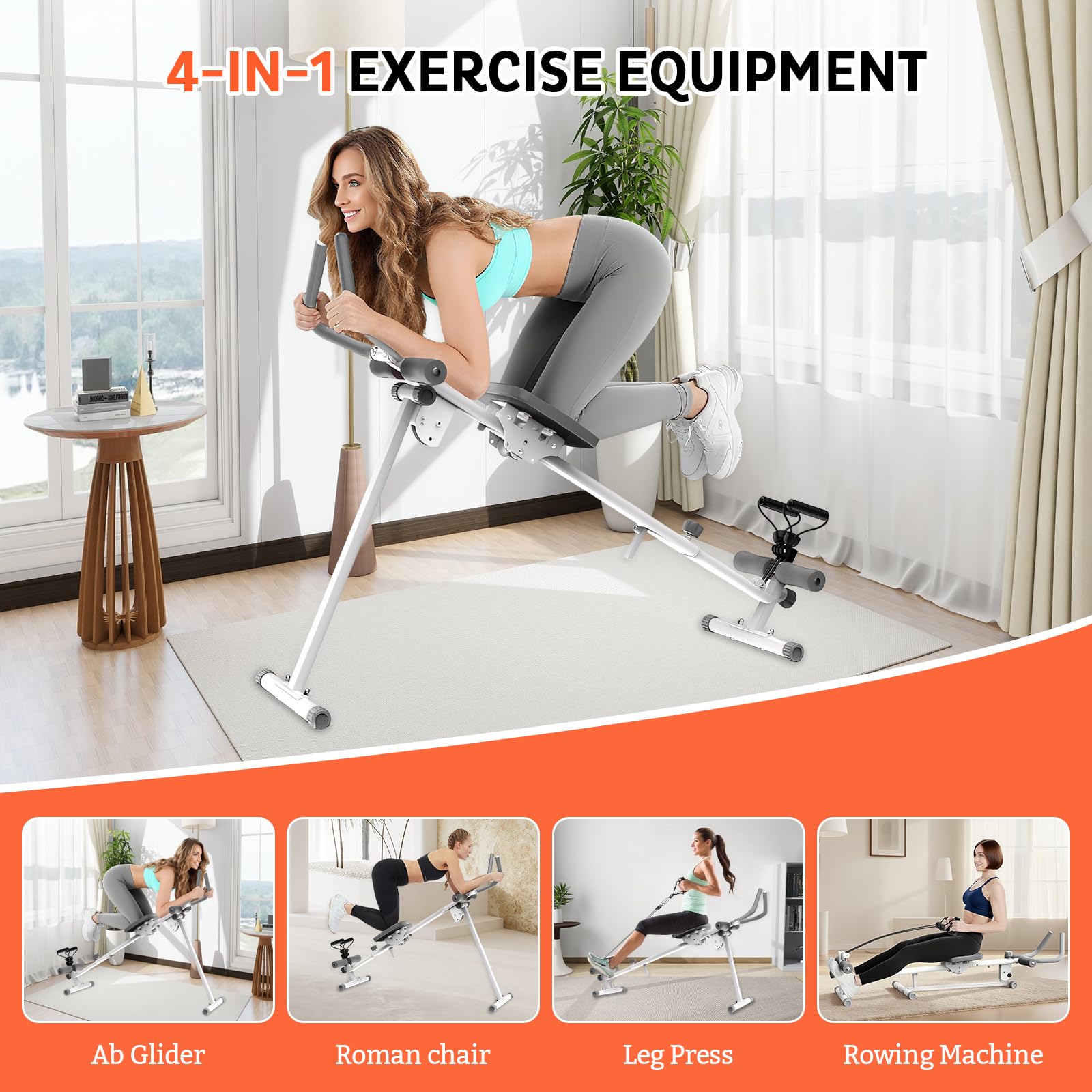 Rudergerät für Zuhause, 4-in-1-Übungsausrüstung, Klappbar Rudermaschine | Beinpressmaschine/Ab Glider Machine/Roman Chair,Indoor-Gerät für das Home-Gym,Multifunktionaler Rückenlehne,120kg Belastbar