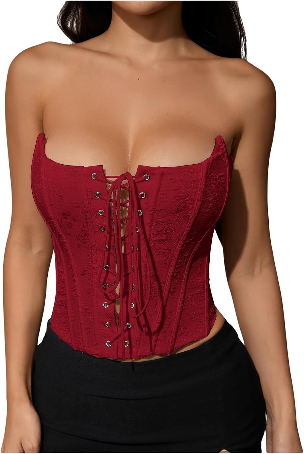 MakeMeChic Women's Renaissance Corset Bustier Tops Shapewear Lingerie Lace Up Floral Sexy Strapless Overbust Crop Top