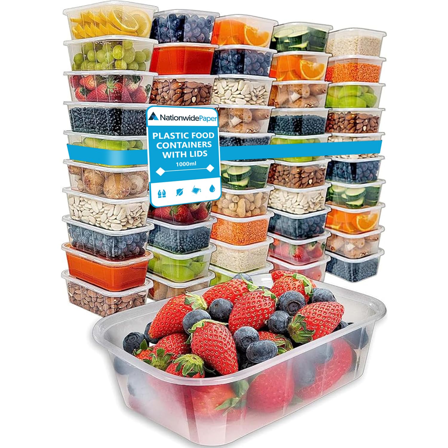Nationwide Paper 1000ml Food Containers with Lids, Plastic Reusable Rectangular Containers, Ideal For Takeaways & Restaurants, Microwave & Freezer Safe & Dishwasher Safe BPA Free Food Boxes (250 pcs)