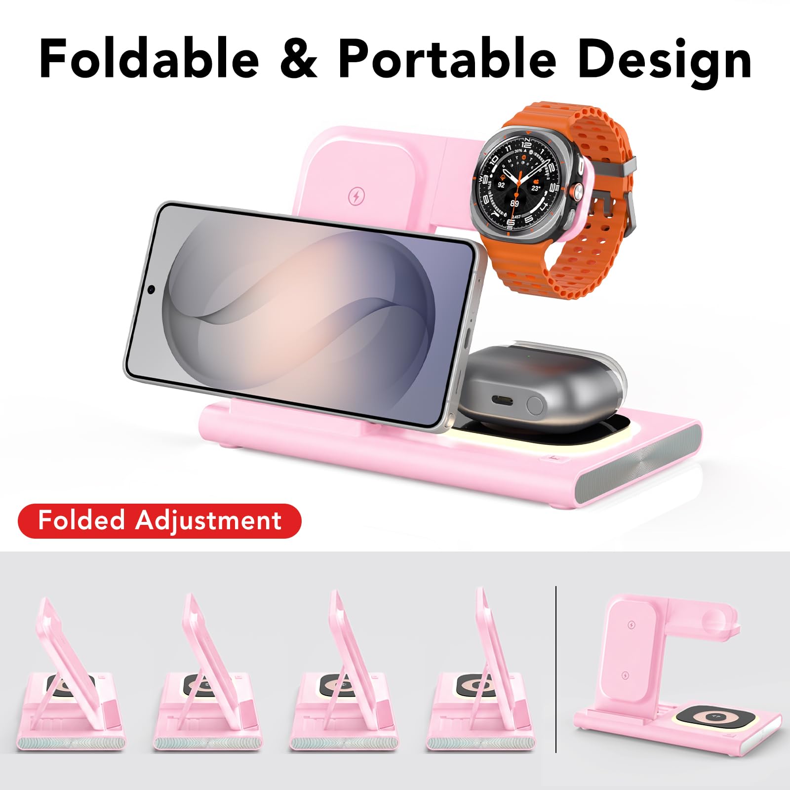 Stazione di ricarica 3 in 1 per Samsung, pieghevole e luce notturna, stazione di ricarica induttiva per Samsung S26/S25/S24/S23/ZFlip/Fold, caricabatterie wireless per Samsung Galaxy Watch Ultra/8/7/6