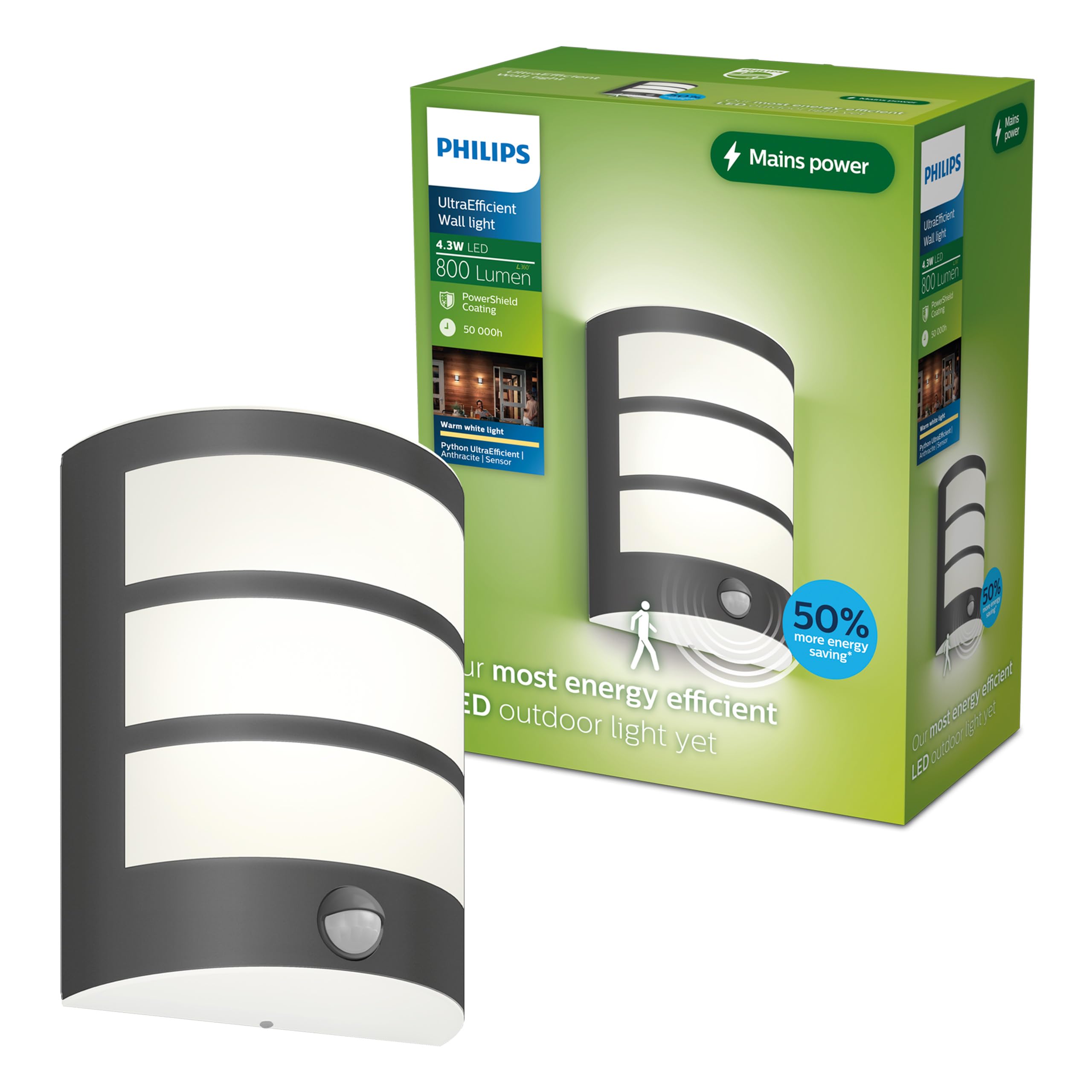 Philips Anthracite Lighting Python Ultraefficient Outdoor Wall Light, 3.8W, 2700K, Antracite, Motion Sensor, Ip44 Weatherproof