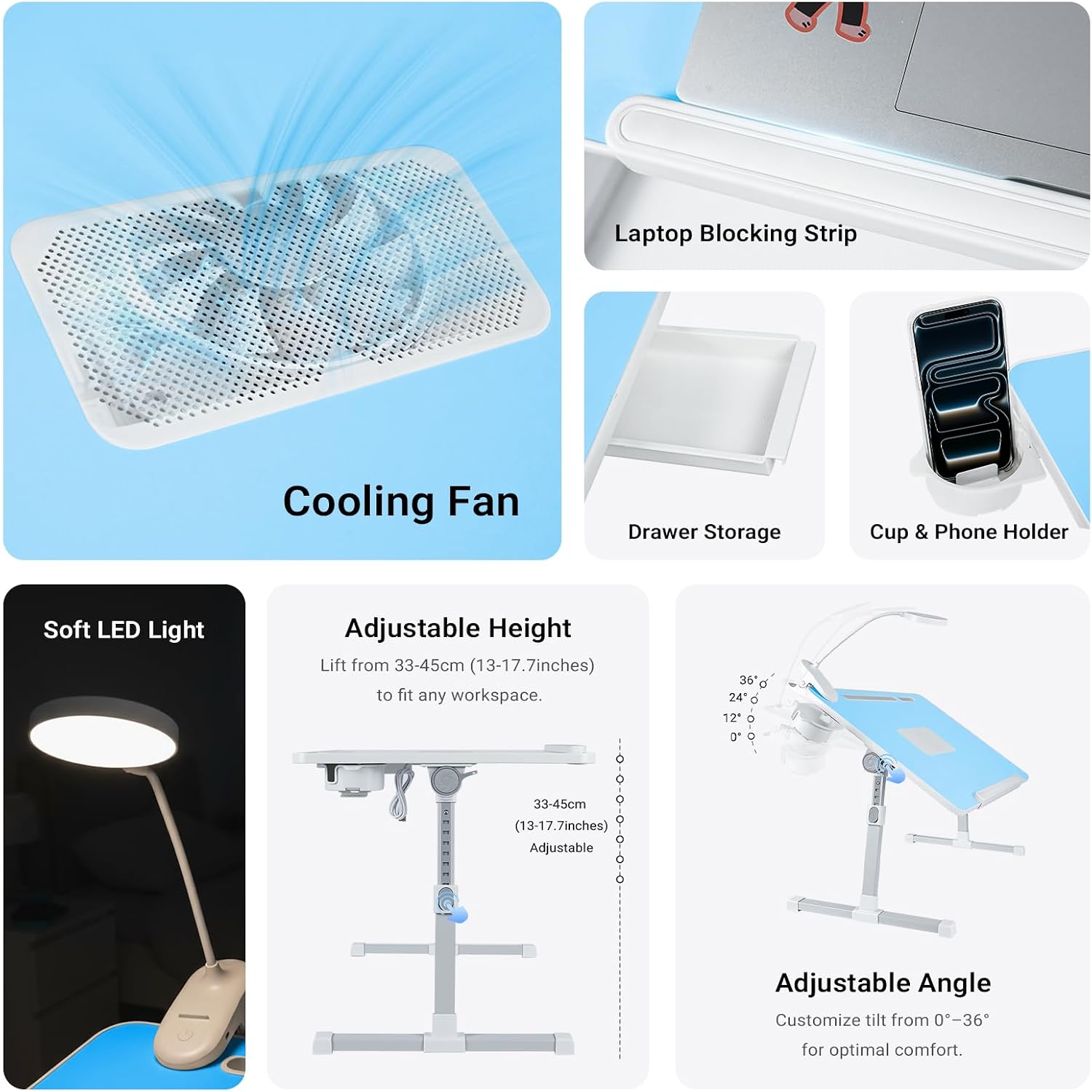 iXTRA Laptop Lap Desk with Cooling Fan - Adjustable Bed Desk with Light, Bed Table with Cup Holder&Phone Holder - Storage Drawer Desk - Folding Bed Desk,Blue,70x45cm