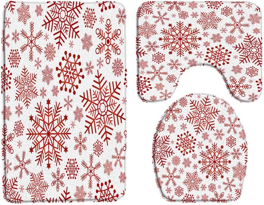 Christmas Snowflake 3 Piece Bath Rug Sets,Red Xmas Snow Winter Holiday Festival Rustic Farmhouse Country 17.8"x29.5"Bath Rug,Toilet Seat Cover, U-Shaped Toilet