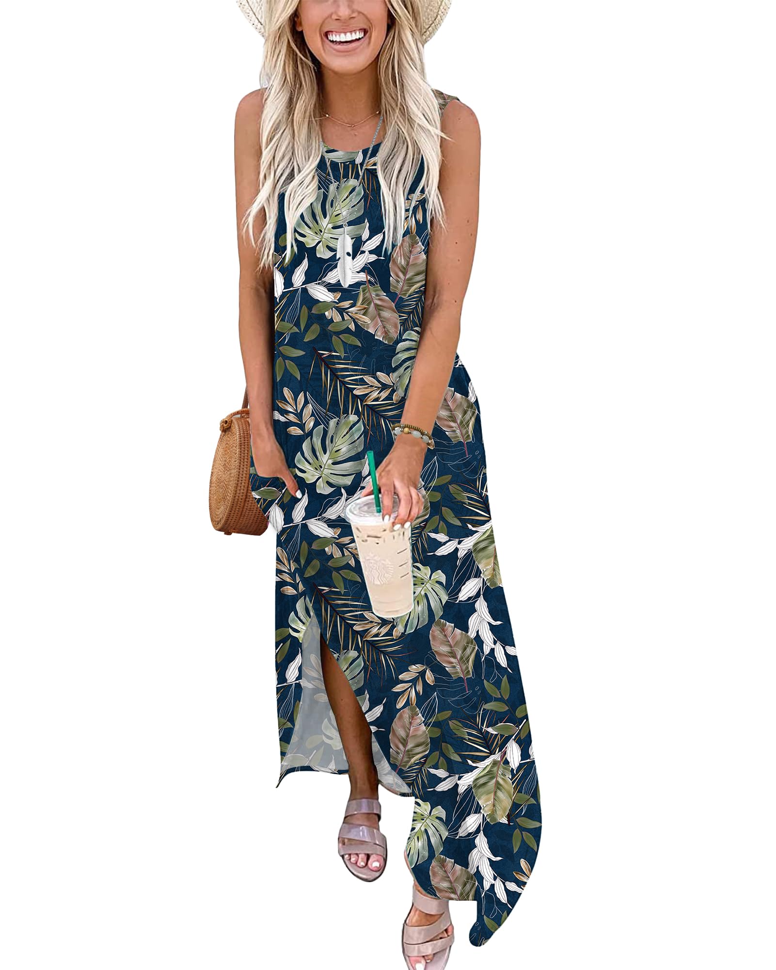 AUSELILY Vestito Lungo Donna Estivo Vestito da Spiaggia Mare Abito T-Shirt Donna Lungo Maxi con Spacco Laterale e Tasche