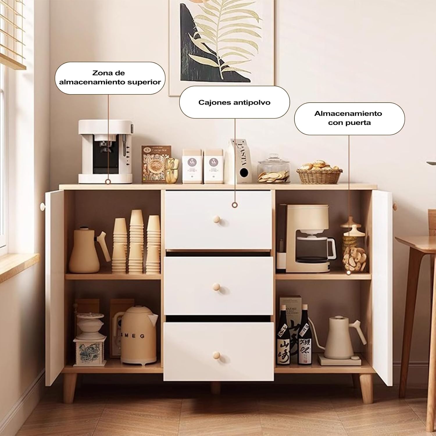 KINTOP Kitchen Cabinet with doors open, showing an open top section, three central drawers, and two side compartments with shelves