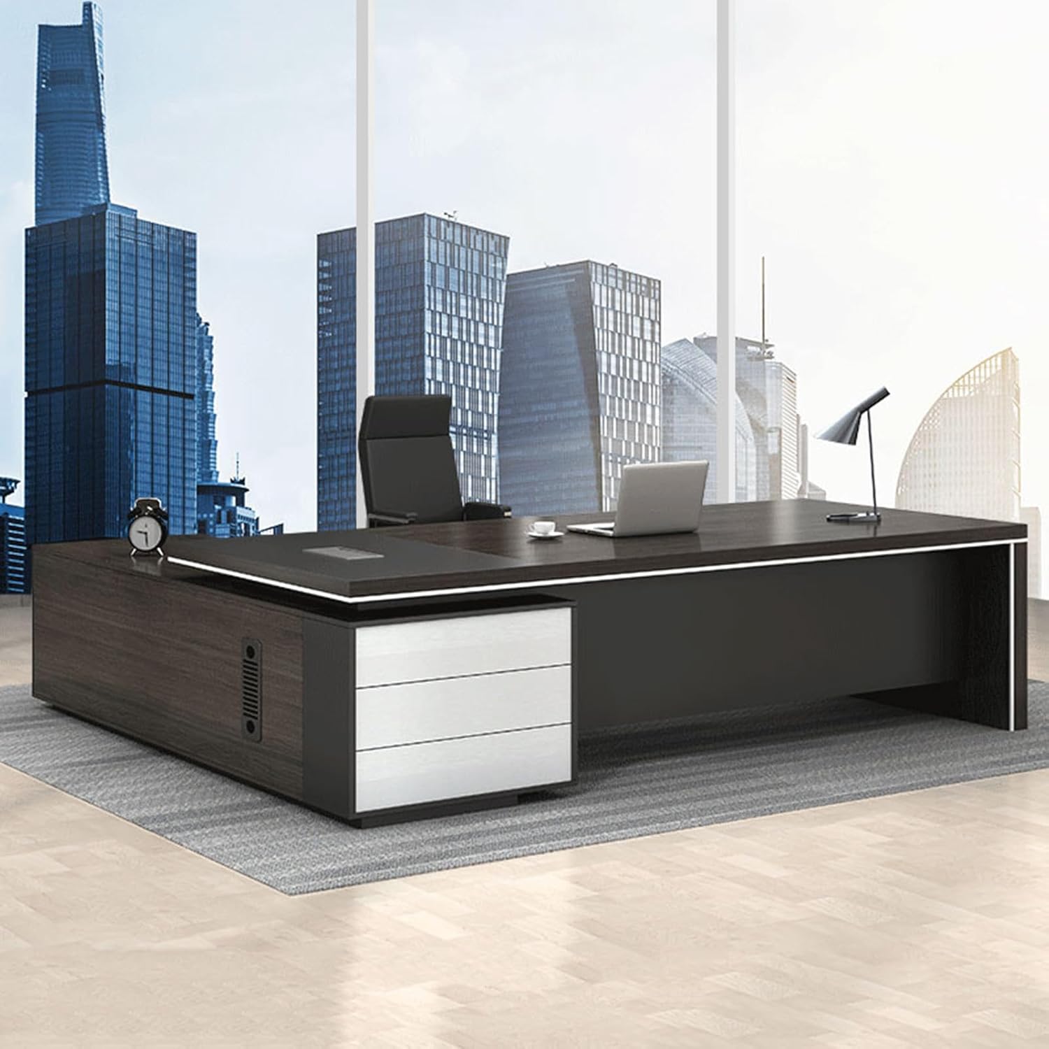 Brown L Shaped Computer Desk Executive Office Desk with Lateral Cabinet Writing Study Table Business Furniture Set for Home Office