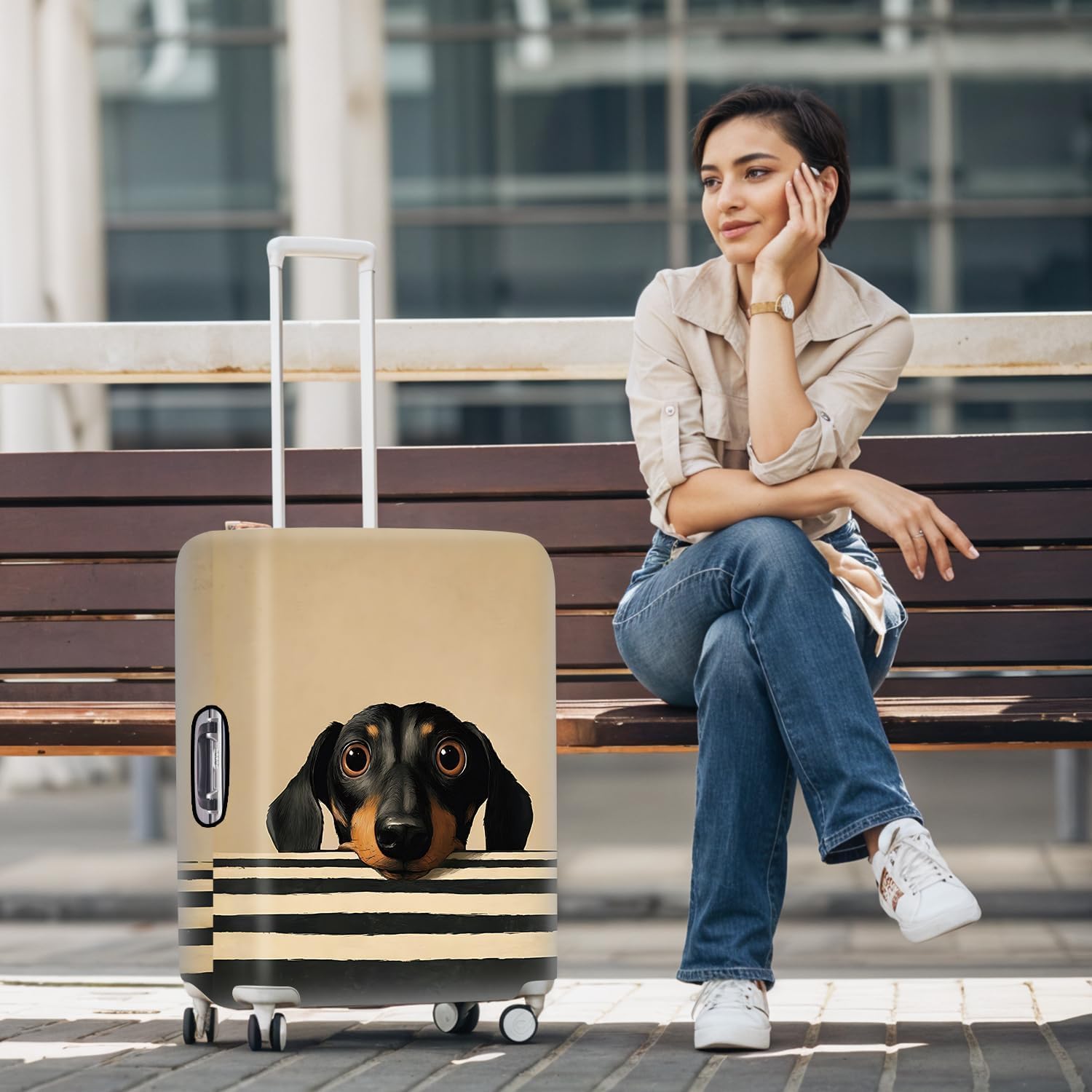 Adorable Småland Hound Luggage Cover – Black and White Striped Dog Print Travel Suitcase Protector – Fits 32 to 34 Inch Luggage,XL
