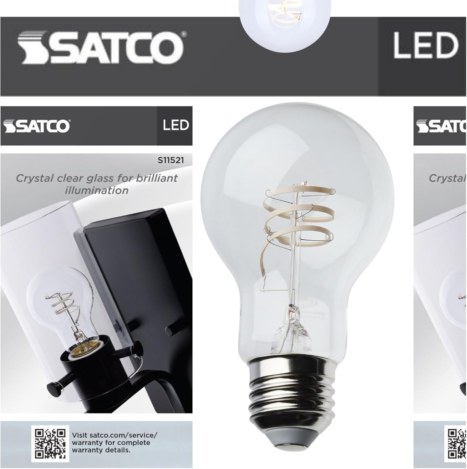 Satco S11521 LED Bulb, 6W (40W Eq), A19 Vintage Style, Flex Gray Coil Filament, 2700K Warm White, E26 Medium Base, Dimmable, Clear Glass, 500 Lumens, 120V, Enclosed Rated (12 Pack)