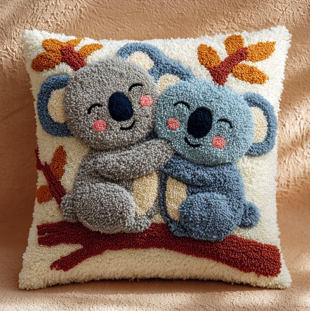 WallustrioaW Latch Hook Kits Pillow for Adults,Two Koalas,Latch Hook Kit Cushion,Embroidery DIY Needlework Pillow Cover,17x17in