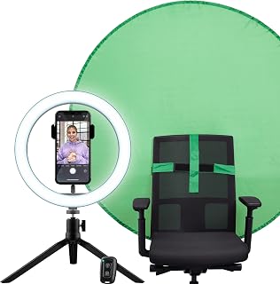 Trust Maku+ Ring Light with Green Screen Chair Background, Tripod Stand & Phone Holder, Selfie Light LED 10 Inch, Vlogging Kit for TikTok, Live Stream, YouTube, Makeup, Filming, Gaming, Photography