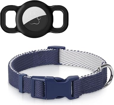 Dynmeow AirTag Cat Collar Holder, S, Black & Soft Cotton Pet Collar Bundle, XS, 5/8" Wide, Navy-Blue