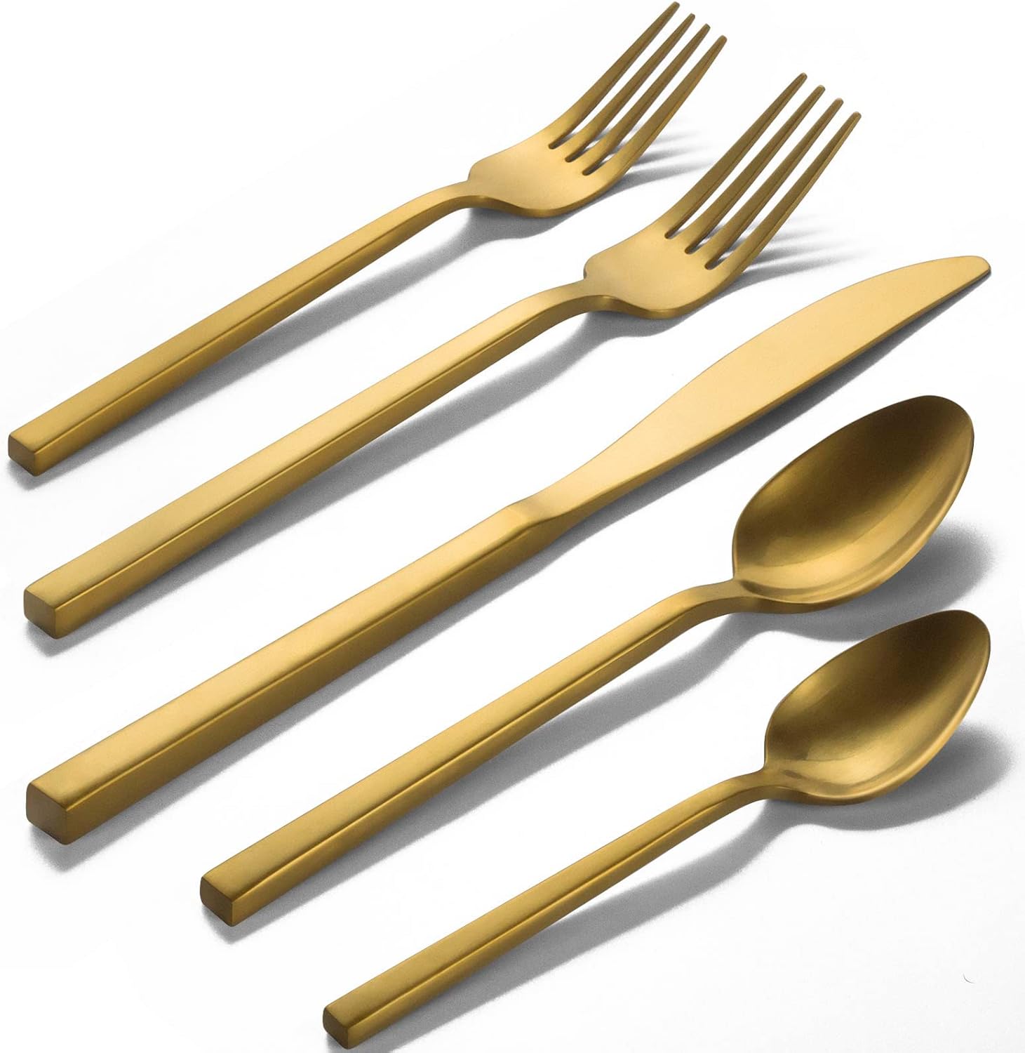 Alata Cube Gold 20-Piece Flatware Set, Forged Cutlery Set, Matte Gold Silverware Service for 4, Stainless Steel Tableware with Square Handle for Home/Restaurant, Dishwasher Safe Gold Satin 20 pieces for 4