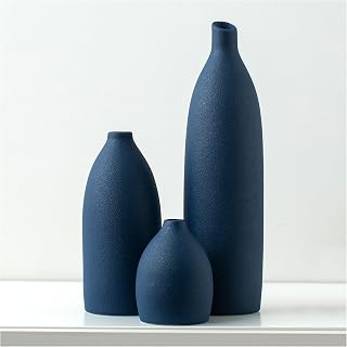 Mdaolv Matte Navy Blue Ceramic Vase Set of 3 - Coastal Farmhouse Decor for Kitchen Island, Living Room Table, Mantle & Shelf Centerpieces